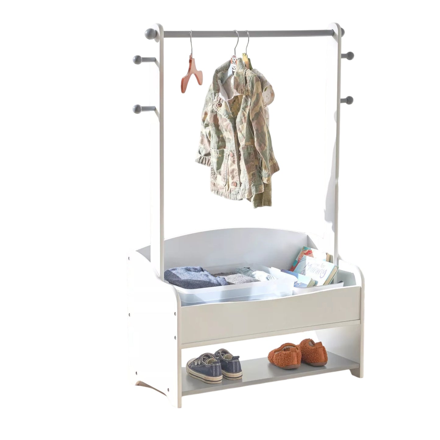 Children's wooden clothes rack with storage shelves - WHITE/GREY