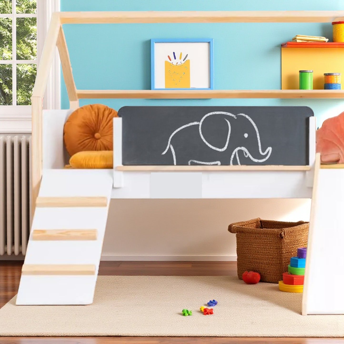 Детско Легло Къщичка GINGER HOME, Монтесори, Двуетажно, Пързалка, Черна Дъска, Подматрачна Рамка 90х200 см