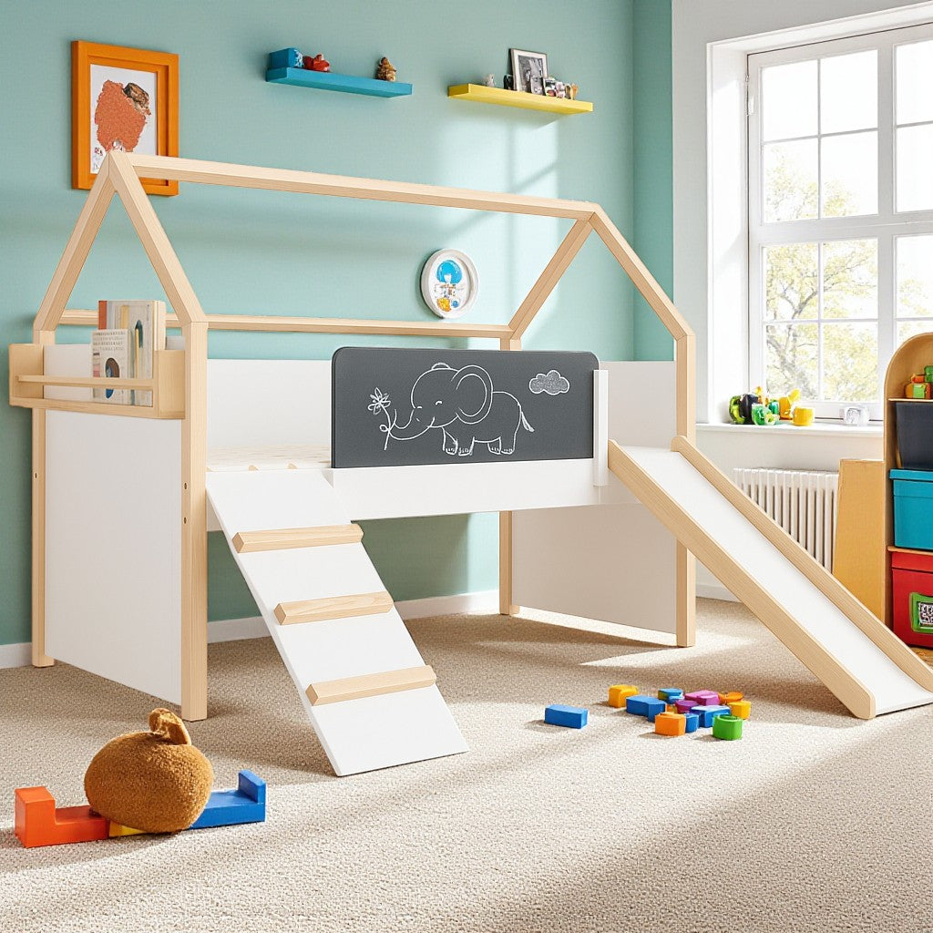 Детско Легло Къщичка GINGER HOME, Монтесори, Двуетажно, Пързалка, Черна Дъска, Подматрачна Рамка 90х200 см