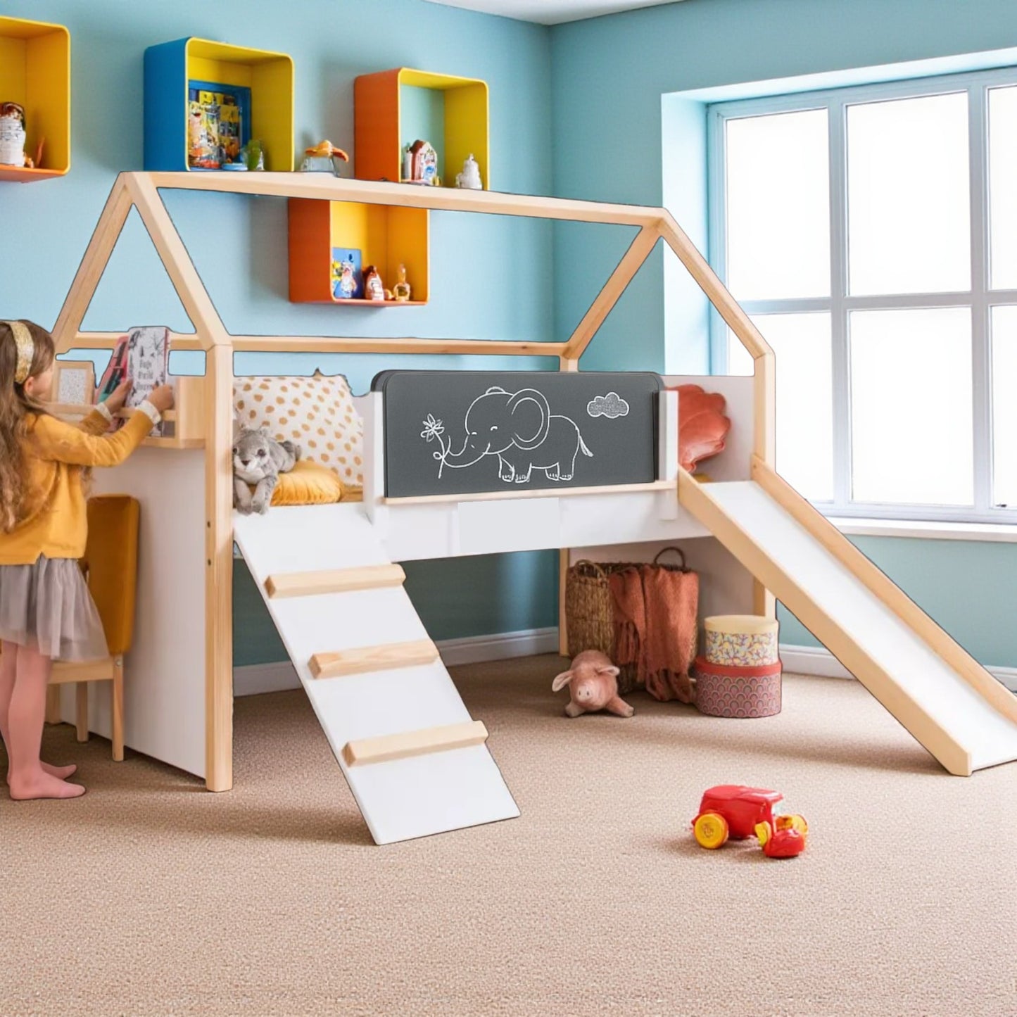 Детско Легло Къщичка GINGER HOME, Монтесори, Двуетажно, Пързалка, Черна Дъска, Подматрачна Рамка 90х200 см