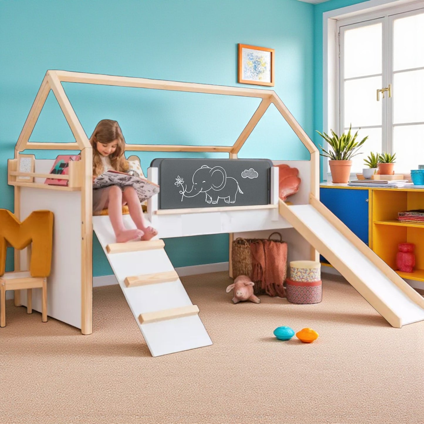 Детско Легло Къщичка GINGER HOME, Монтесори, Двуетажно, Пързалка, Черна Дъска, Подматрачна Рамка 90х200 см