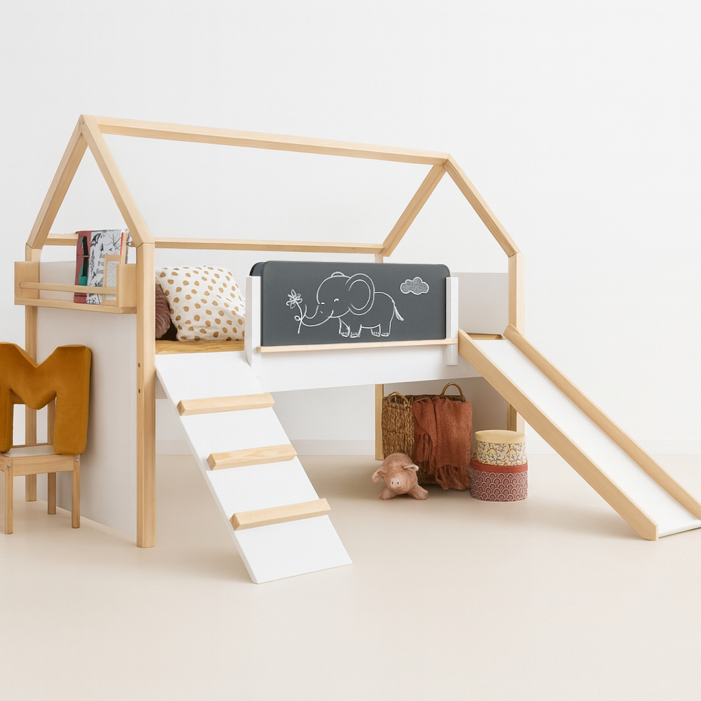 Детско Легло Къщичка GINGER HOME, Монтесори, Двуетажно, Пързалка, Черна Дъска, Подматрачна Рамка 90х200 см