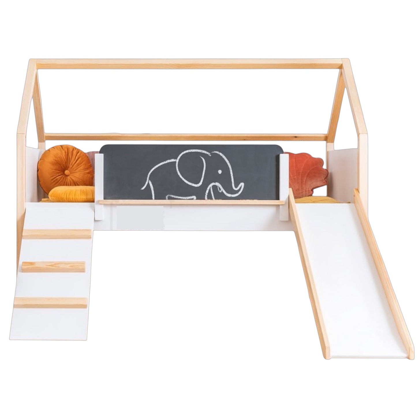 Детско Легло Къщичка GINGER HOME, Монтесори, Двуетажно, Пързалка, Черна Дъска, Подматрачна Рамка 90х200 см
