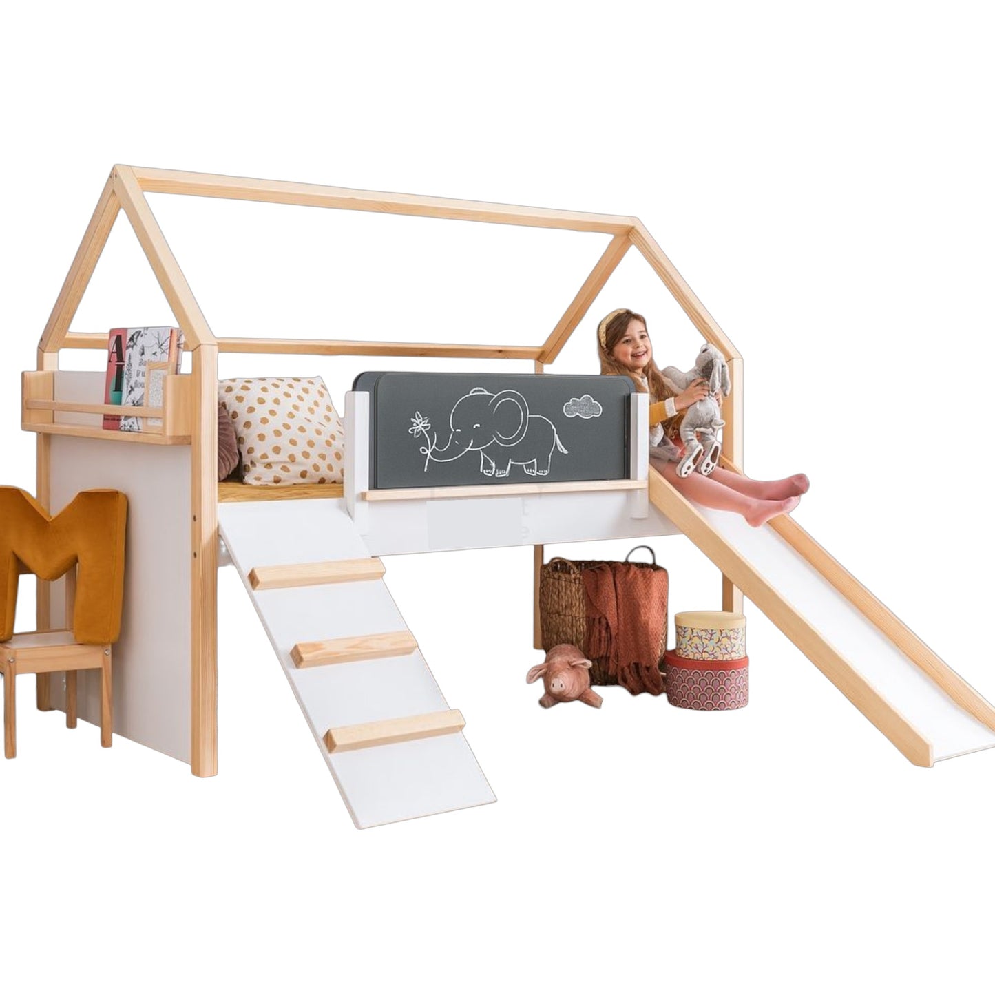 Детско Легло Къщичка GINGER HOME, Монтесори, Двуетажно, Пързалка, Черна Дъска, Подматрачна Рамка 90х200 см