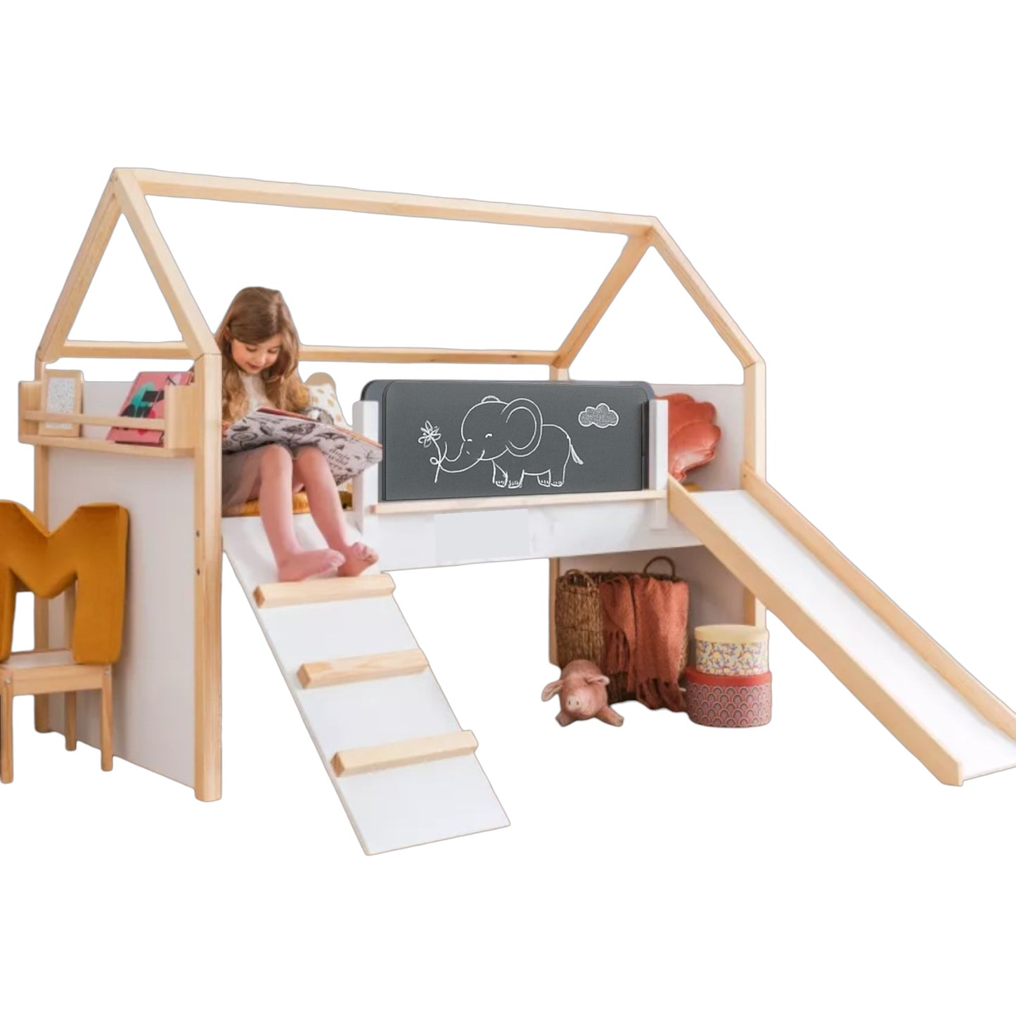 Детско Легло Къщичка GINGER HOME, Монтесори, Двуетажно, Пързалка, Черна Дъска, Подматрачна Рамка 90х200 см
