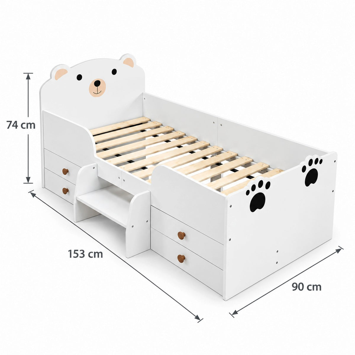 Детско Легло Мече GINGER HOME, Бяло, с Чекмеджета и Подматрачна Рамка, 90×153×74 см