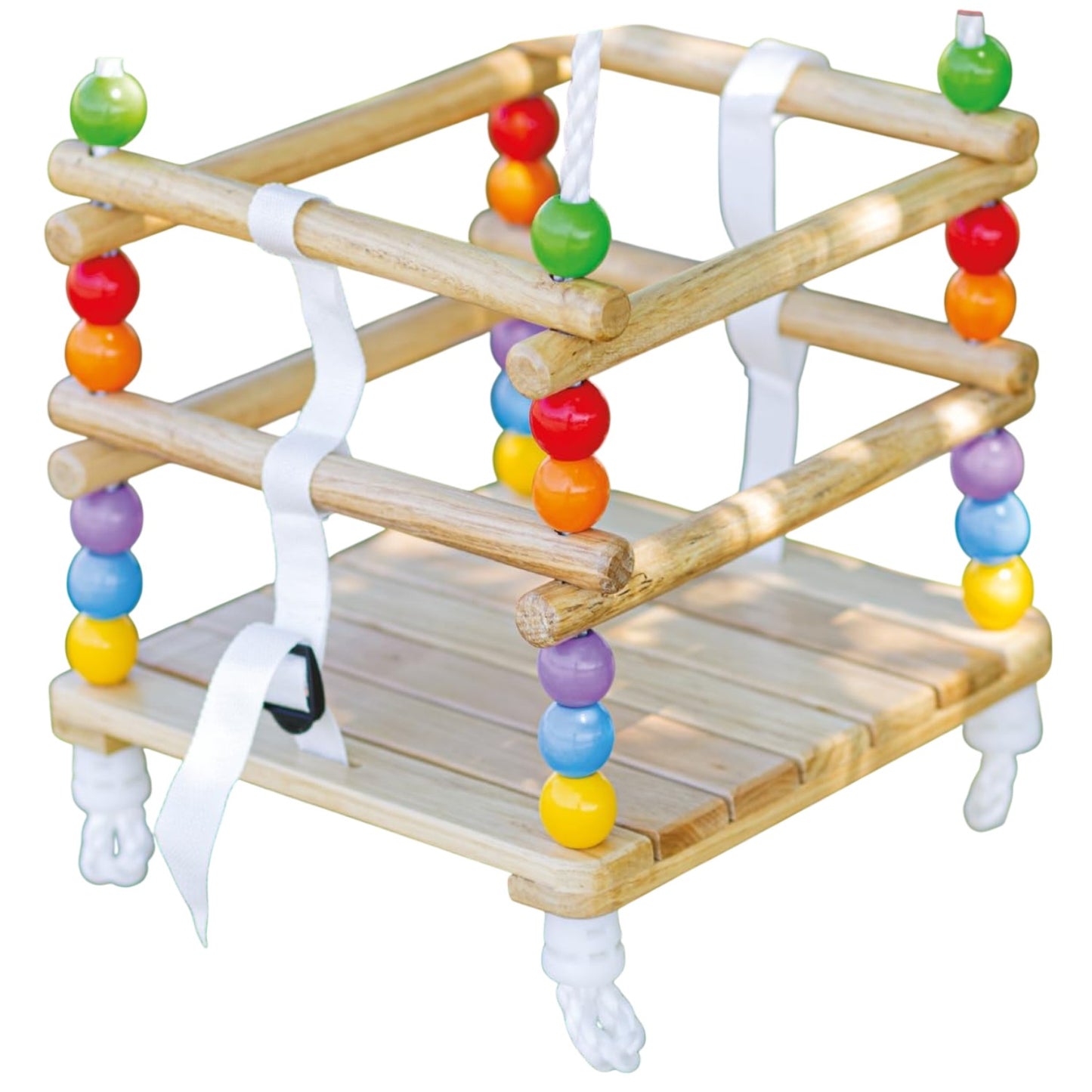 Бебешка дървена люлка GINGER HOME, изглед отгоре с пълна защитна рамка и колан