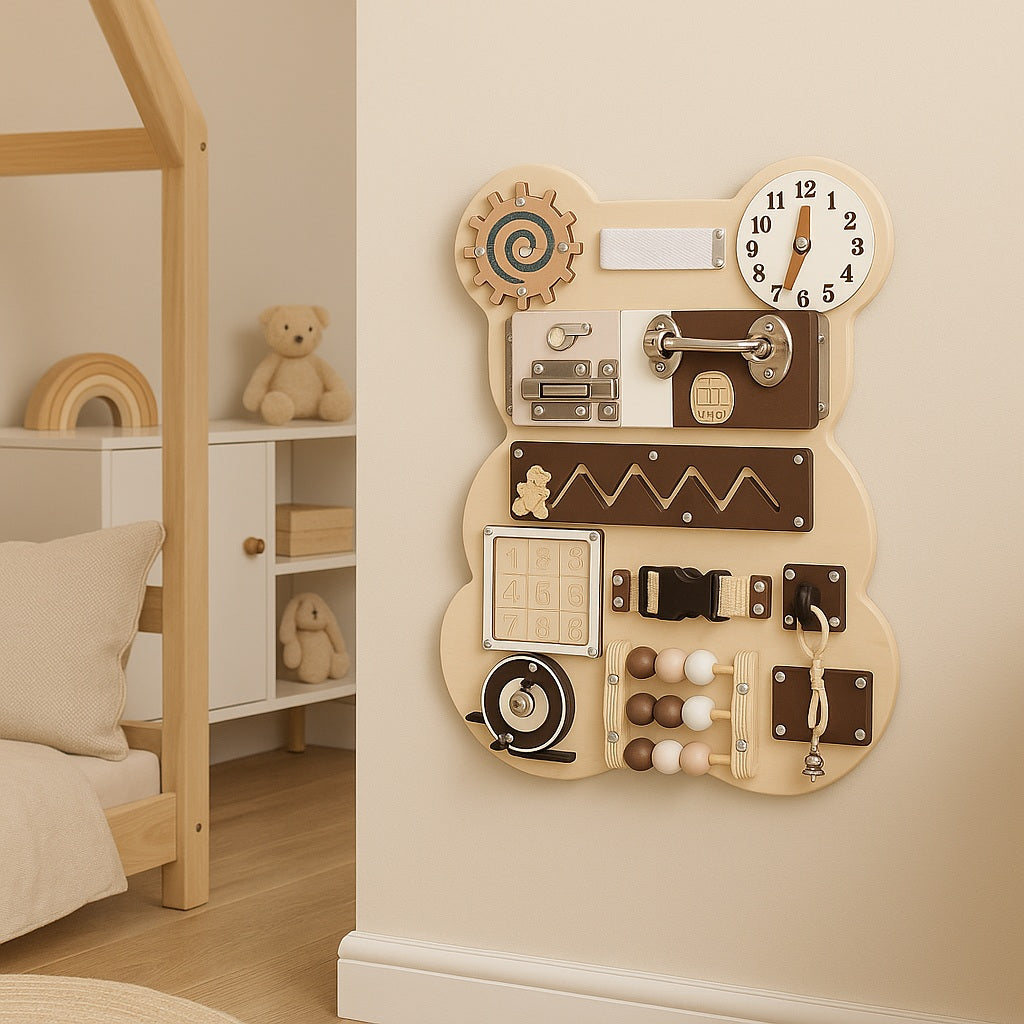 Дървен Бизи Борд Мече GINGER HOME, Монтесори Дъска за Фина Моторика, 30x39 см