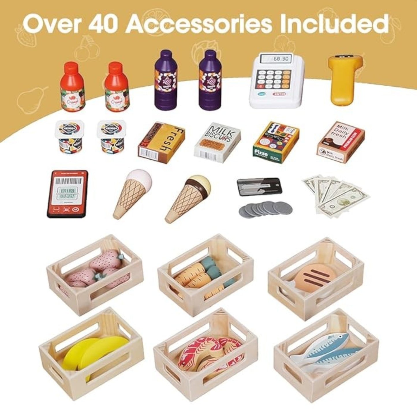 Дървен Детски Магазин и Театър 2 в 1 GINGER HOME, за Ролеви Игри, с Каса, POS Терминал и Скенер със Звук, Играчки и Аксесоари, 45x24x97.5 см, за Деца Над 3 Години