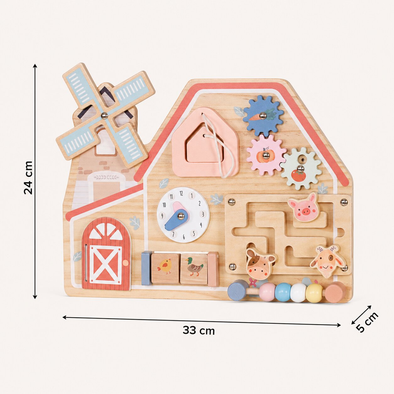 Размери на дървена активна дъска ферма GINGER HOME 33x24x5 см с Монтесори елементи за игра