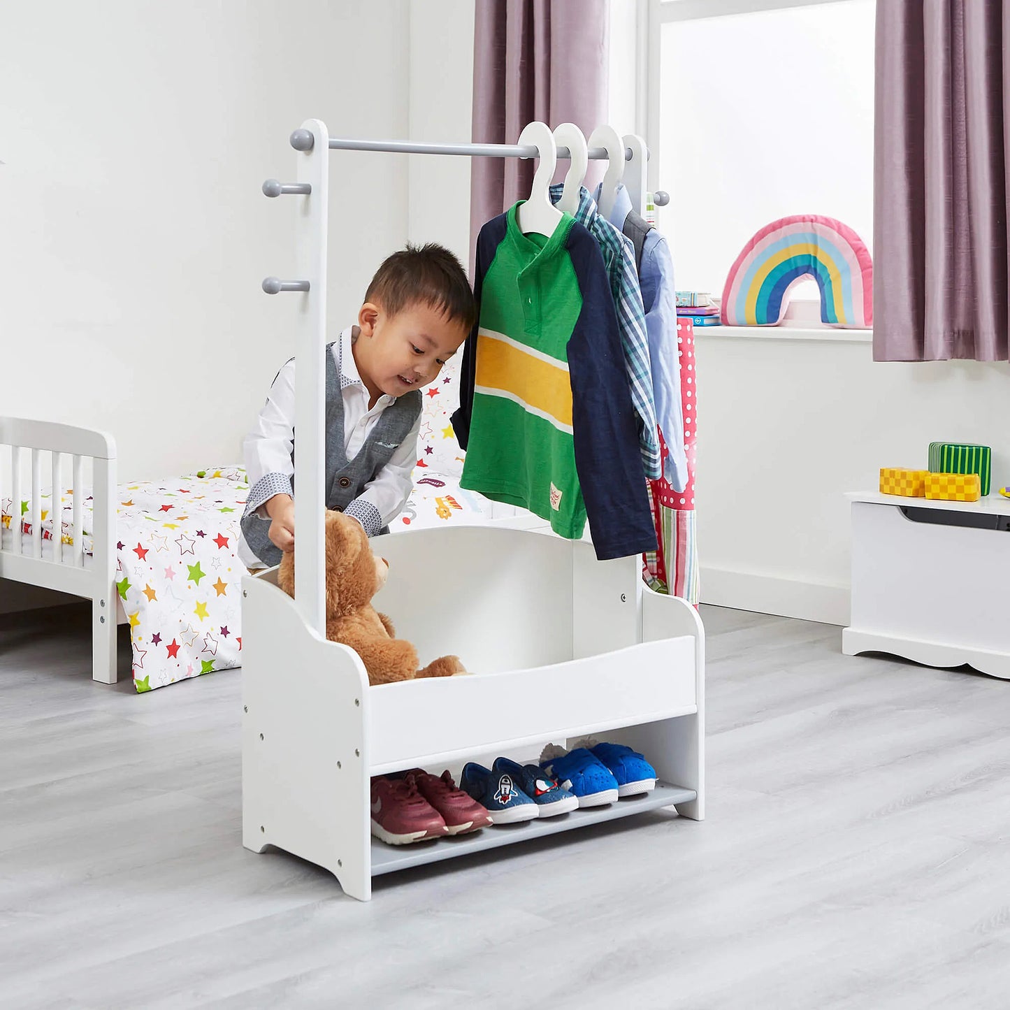 Children's wooden clothes rack with storage shelves - WHITE/GREY