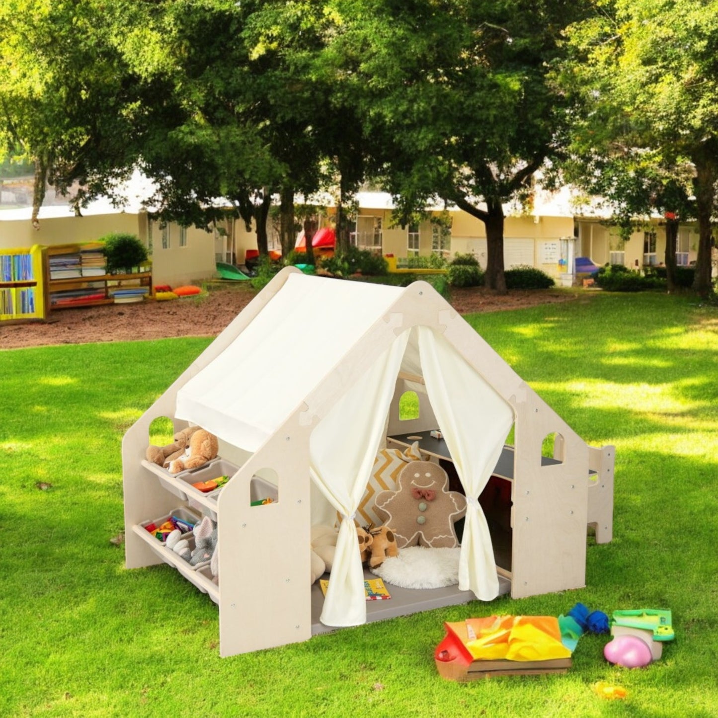 Детска Дървена Къща за Игра 6 в 1 GINGER HOME – Стол, Маса, Черна Дъска, Органайзер, Тента и Мека Подложка