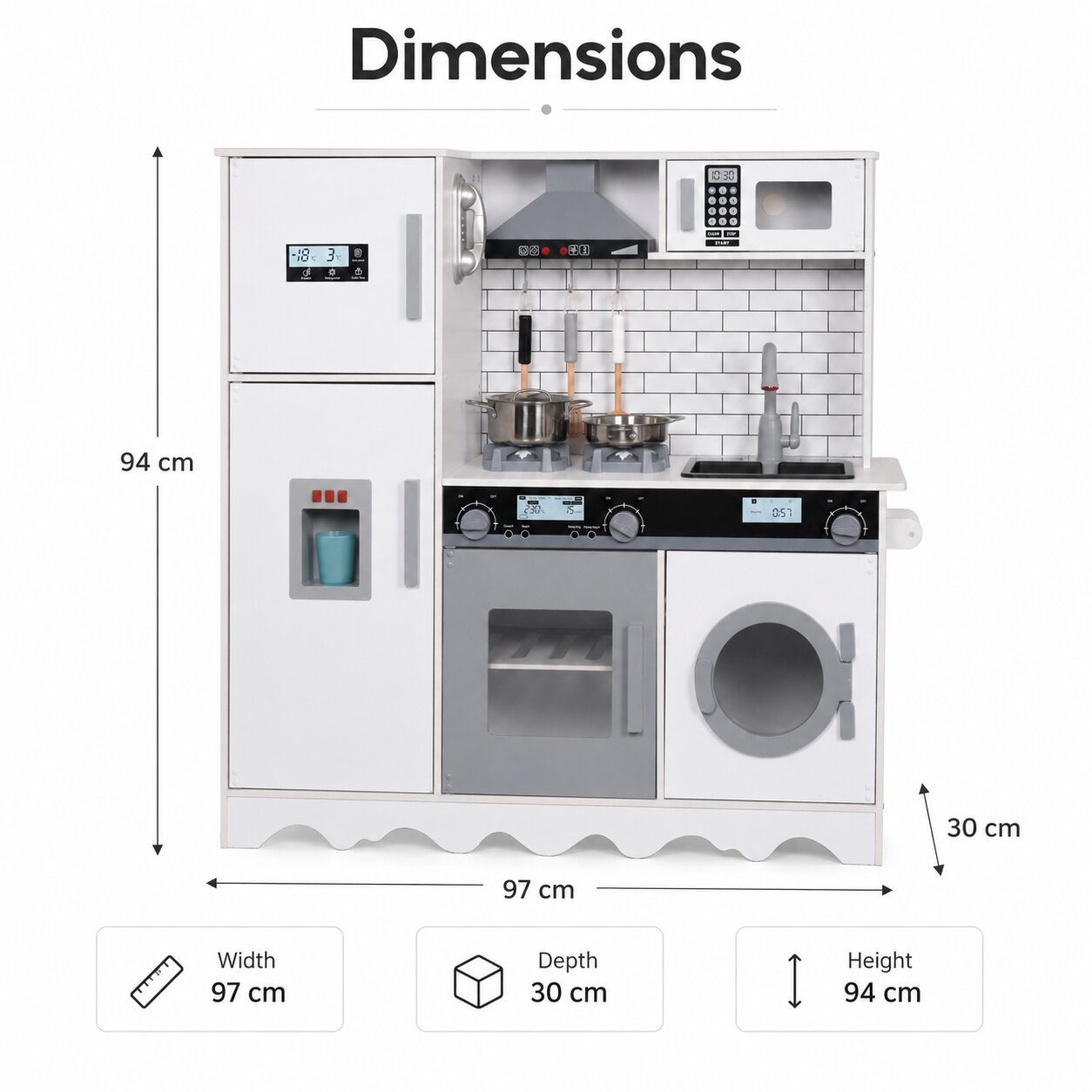 Размери на детска дървена кухня GINGER HOME W10C991 – 97x30x94 см с хладилник, микровълнова, мивка и пералня