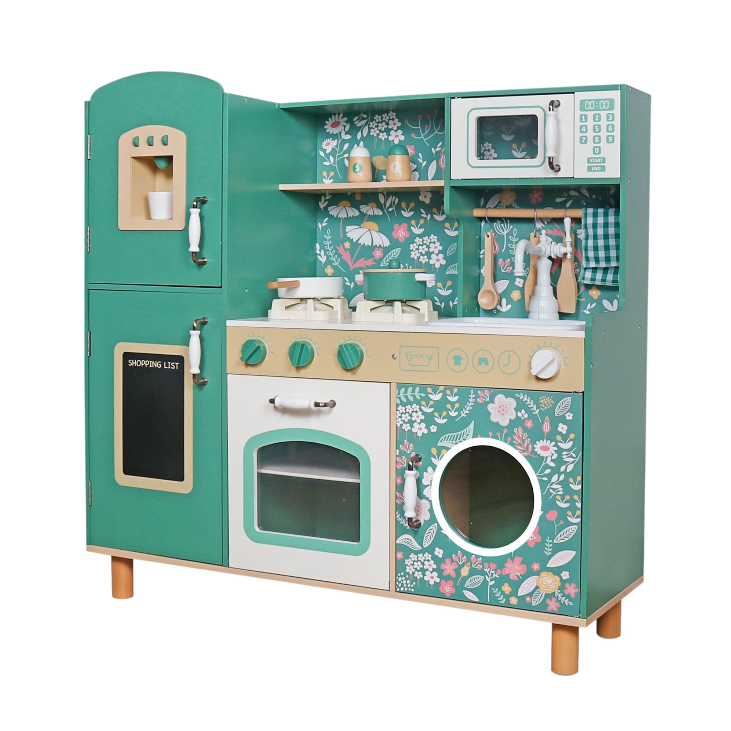 Детска Дървена Кухня GINGER HOME – Винтидж Стил с Електронни Котлони, Светлини, Звуци и Функционални Аксесоари, 91x31x90 см