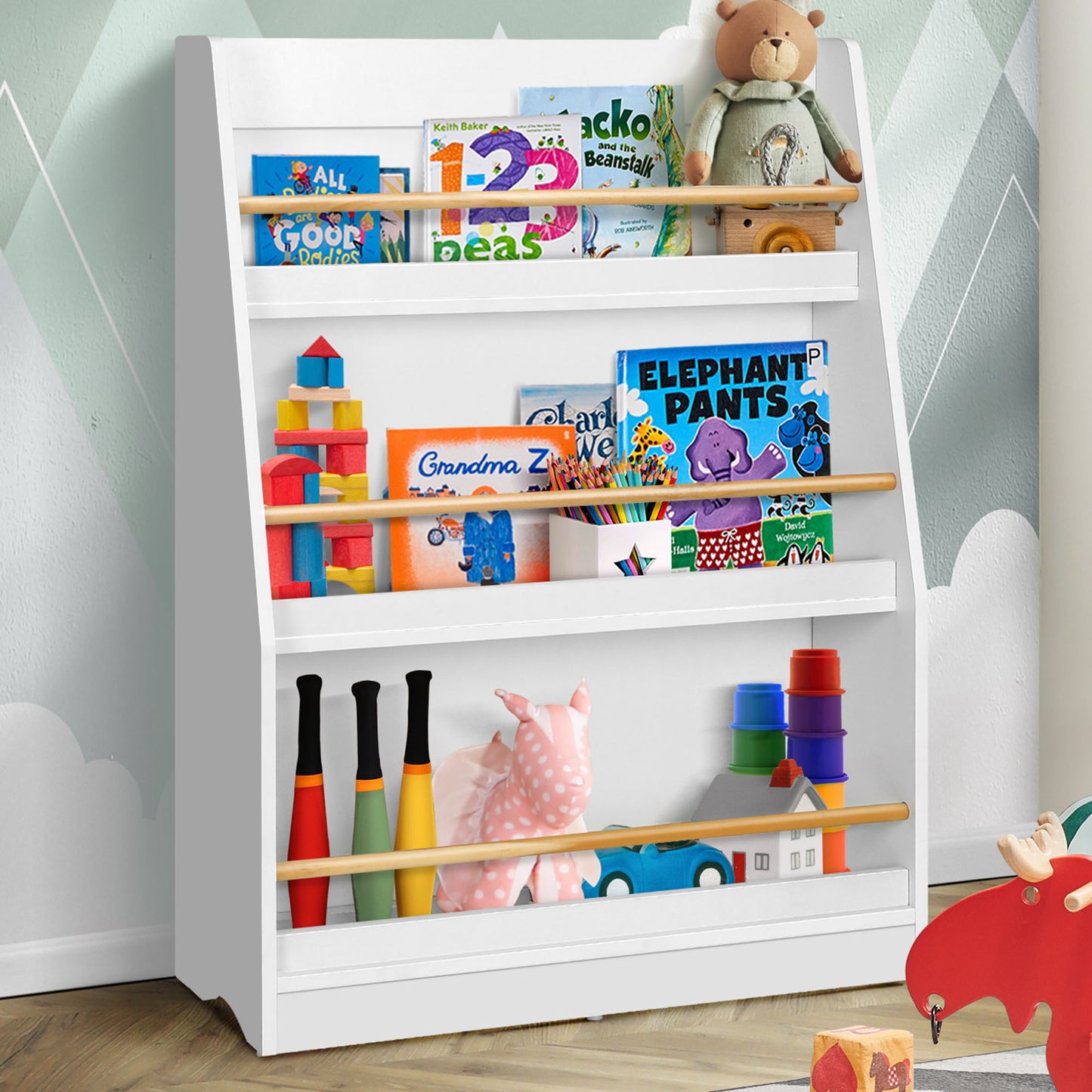 Детска Етажерка GINGER HOME, Дървен Органайзер за Книжки и Играчки, Бял Цвят, за Уютната Детска Стая