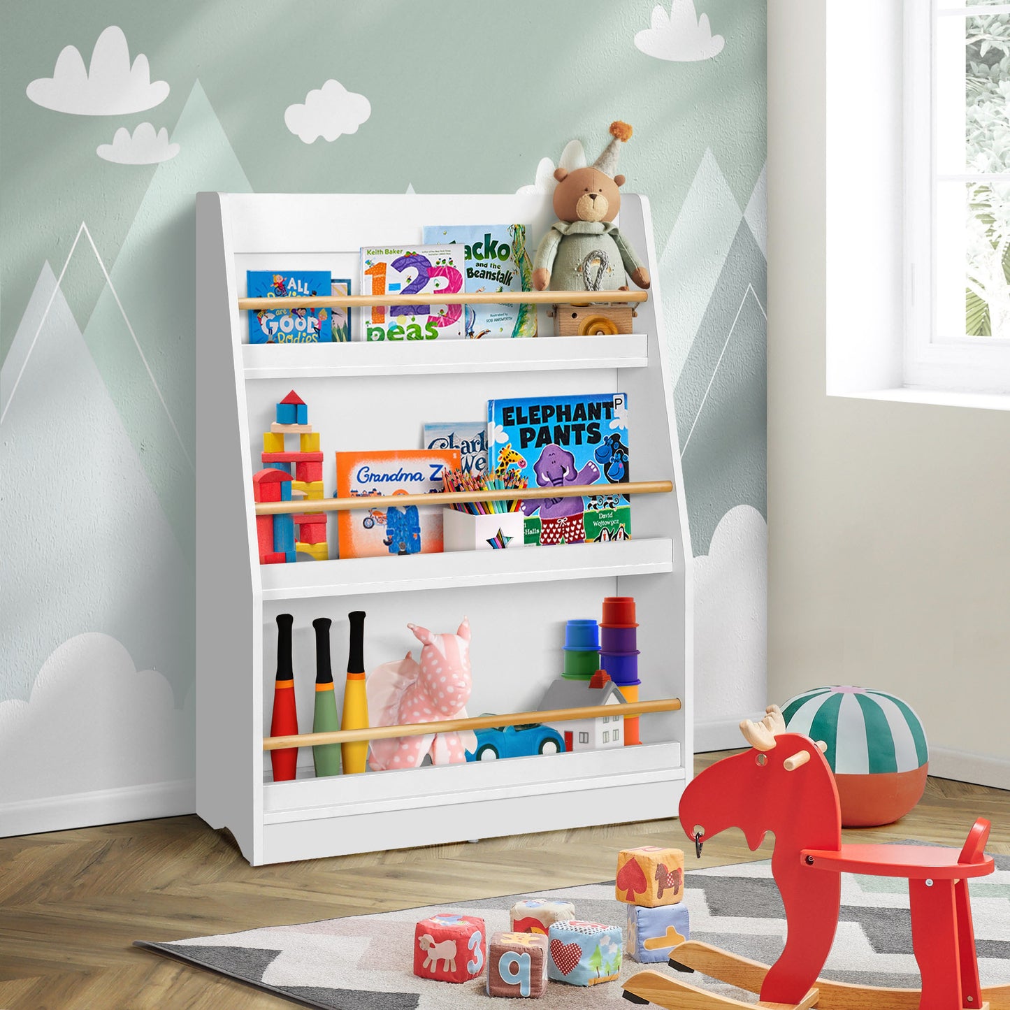 Детска Етажерка GINGER HOME, Дървен Органайзер за Книжки и Играчки, Бял Цвят, за Уютната Детска Стая