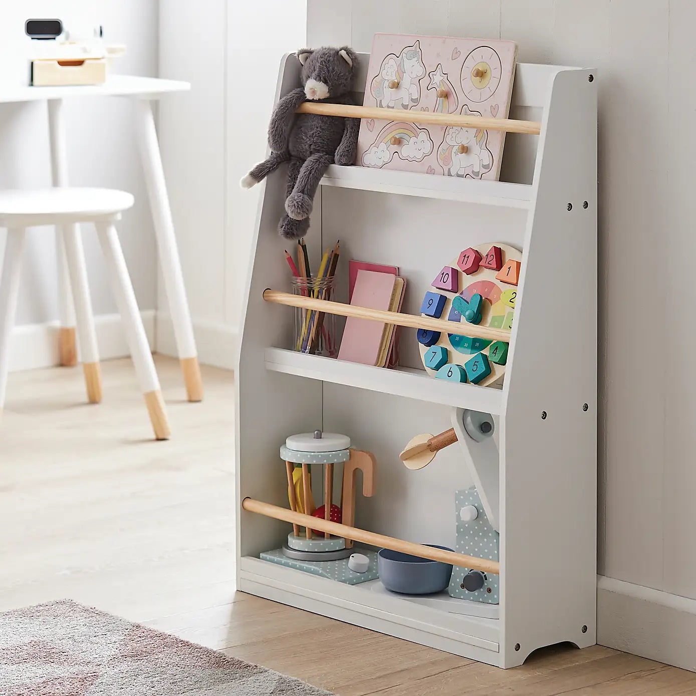 Детска Етажерка GINGER HOME, Дървен Органайзер за Книжки и Играчки, Бял Цвят, за Уютната Детска Стая