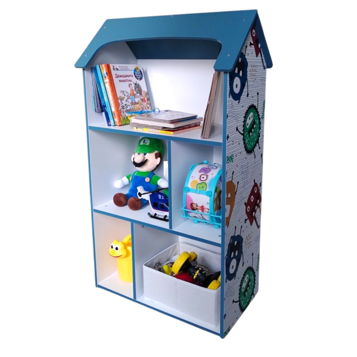 Детска етажерка GINGER HOME - Къщичка MONSTER, Синя за съхранение на играчки и книжки