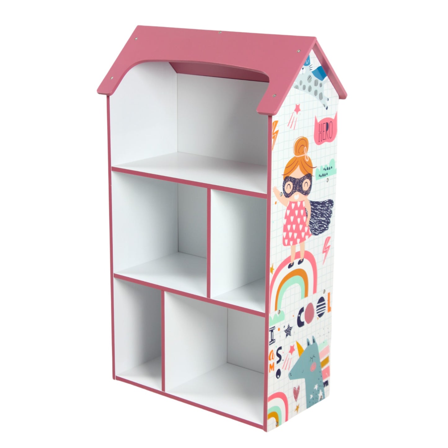 Детска етажерка GINGER HOME - Къщичка SUPER GIRL, Розова за съхранение на играчки и книжки