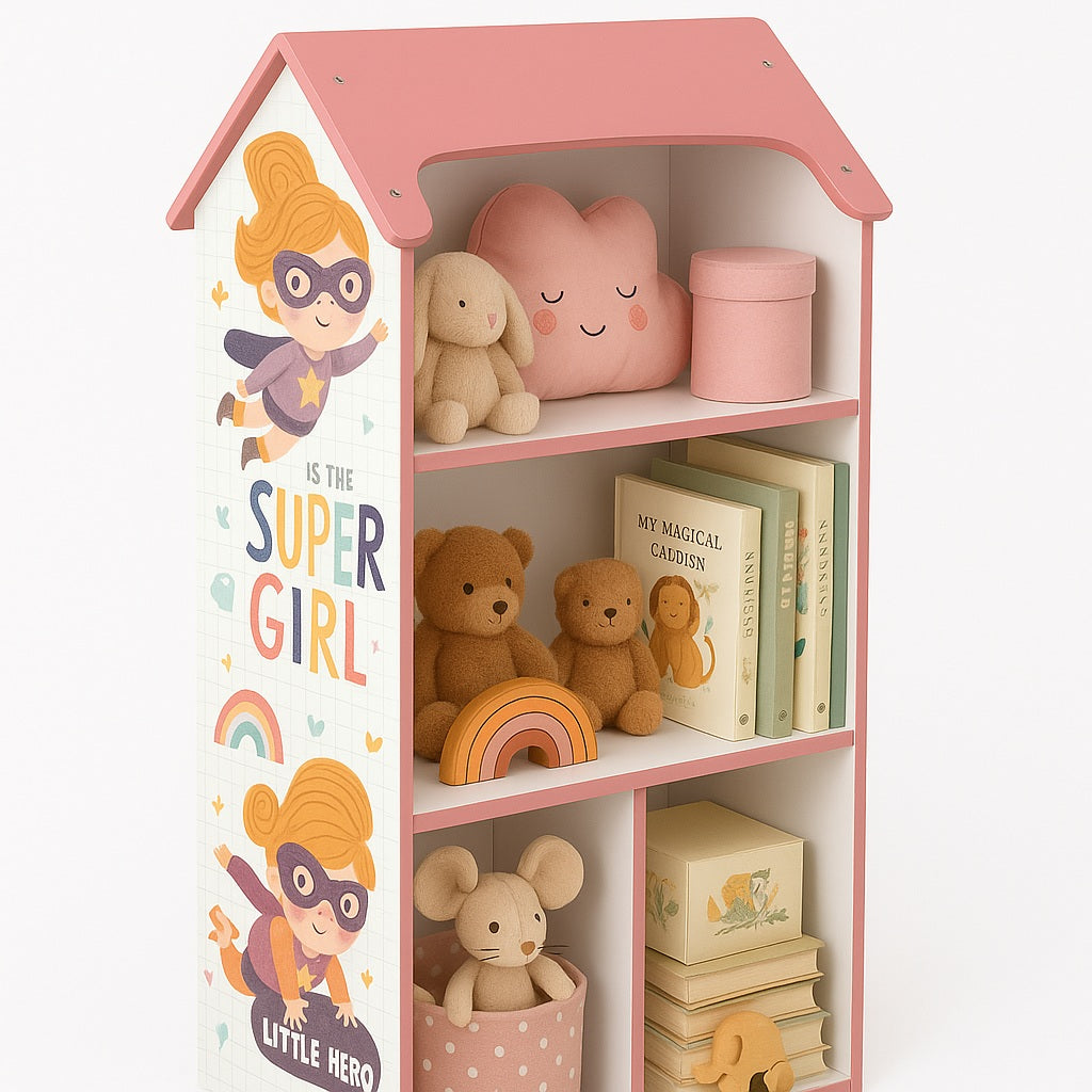 Детска етажерка GINGER HOME - Къщичка SUPER GIRL, Розова за съхранение на играчки и книжки