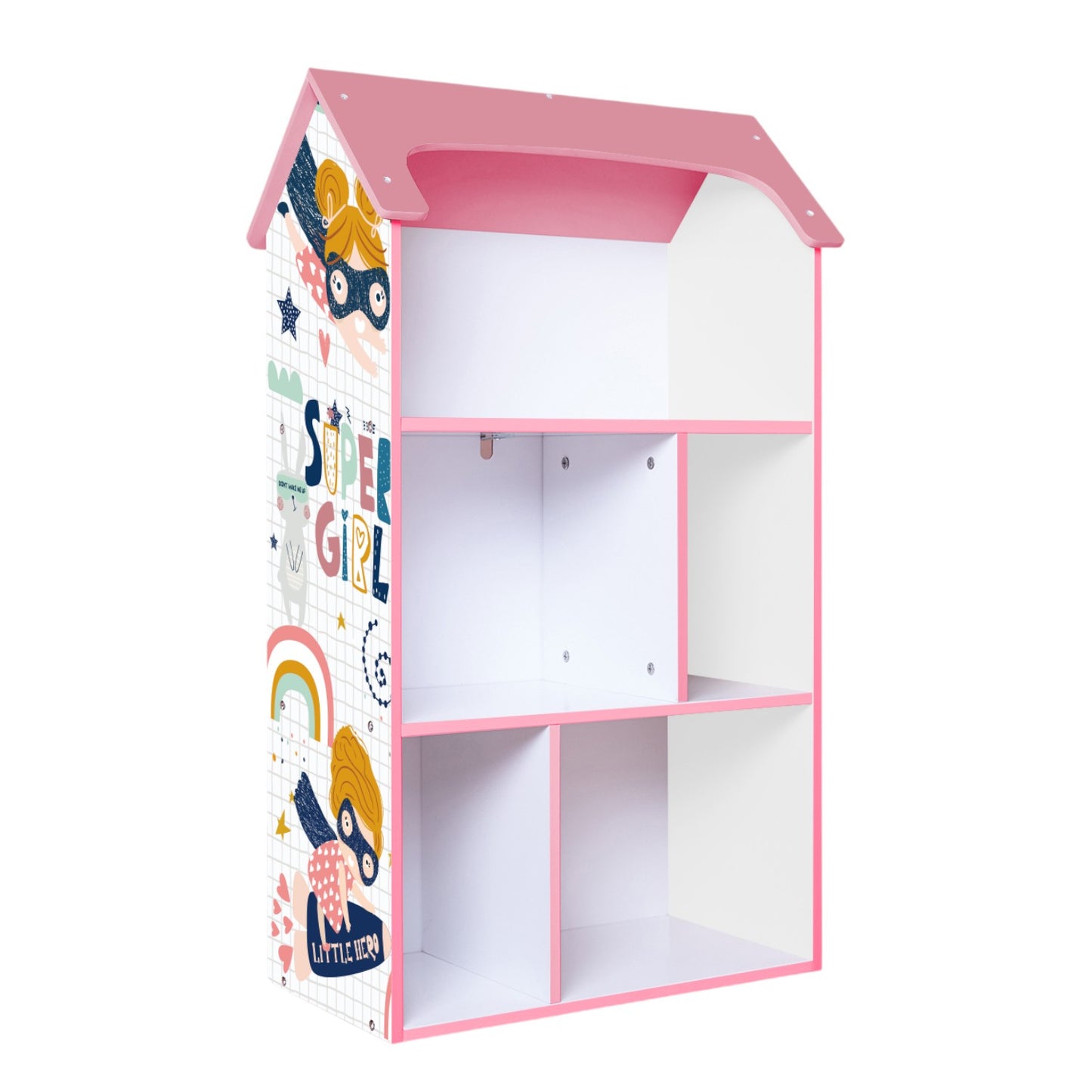 Детска етажерка GINGER HOME - Къщичка SUPER GIRL, Розова за съхранение на играчки и книжки