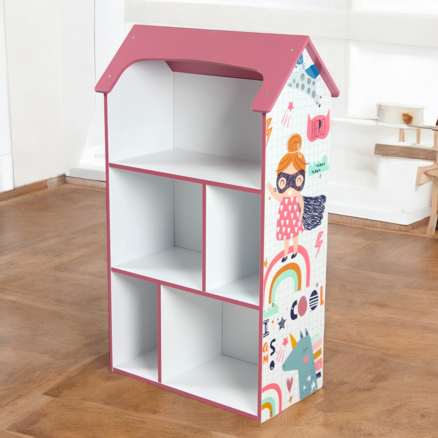 Детска етажерка GINGER HOME - Къщичка SUPER GIRL, Розова за съхранение на играчки и книжки