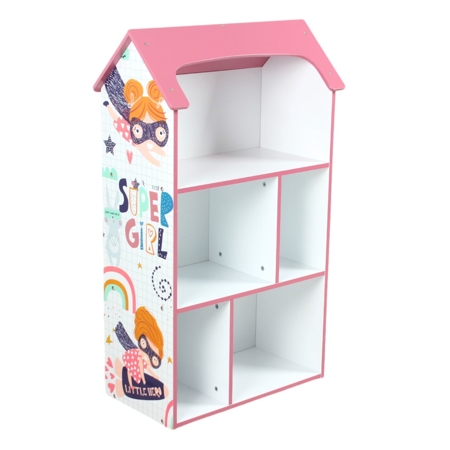 Детска етажерка GINGER HOME - Къщичка SUPER GIRL, Розова за съхранение на играчки и книжки