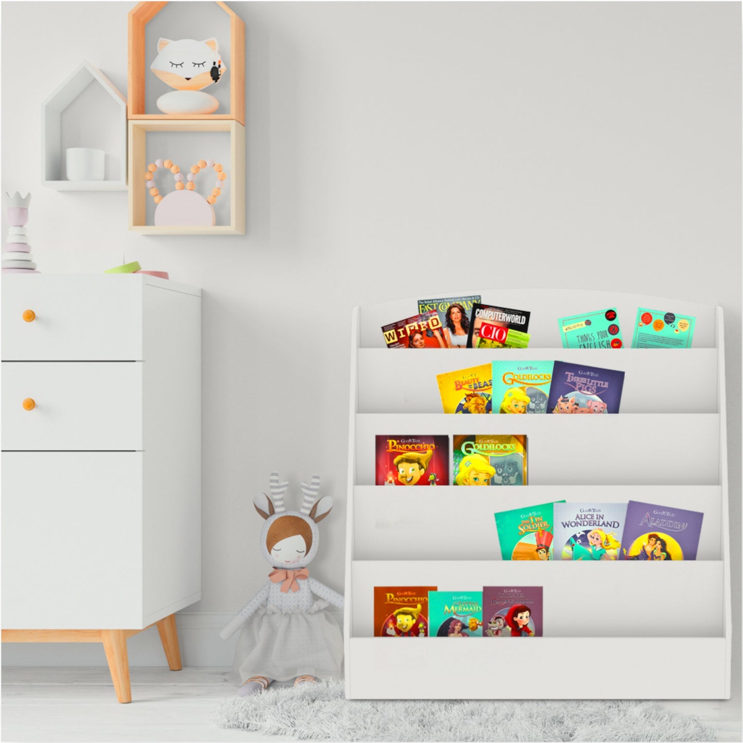 Детска Етажерка GINGER HOME, Органайзер с Рафтове за Книжки и Списания, Дървена, Бяла, 80х30х80 см.