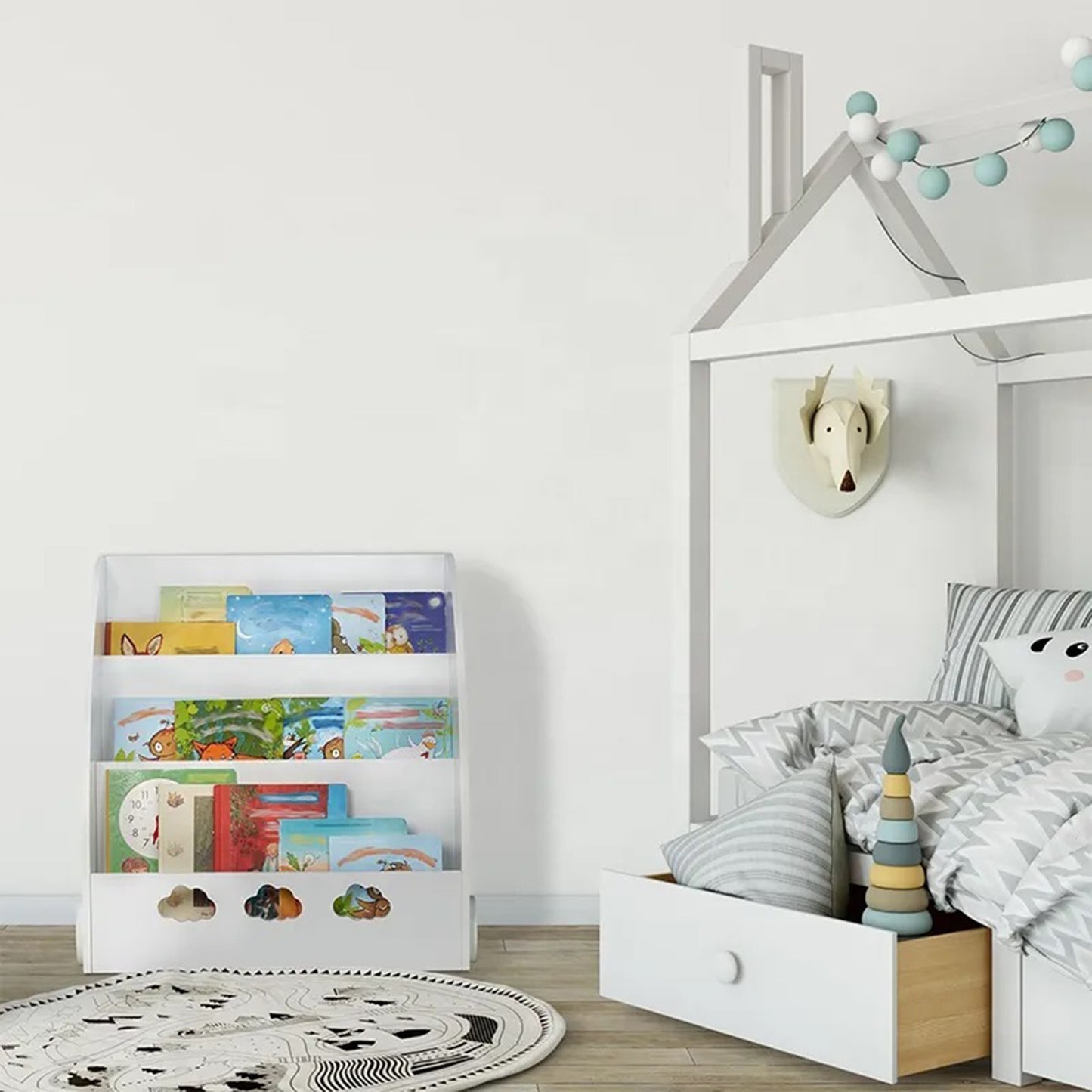 Детска Етажерка GINGER HOME с 3 Отделения за Съхранение на Книжки, Облак, Бяла