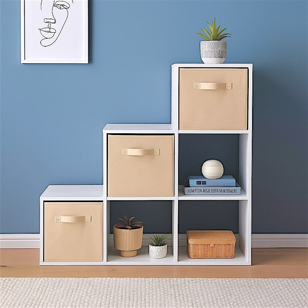 Детска Етажерка, Органайзер за Играчки, GINGER HOME с 6 Отделения и Текстилни Кутии, Бяла, Монтесори Мебел