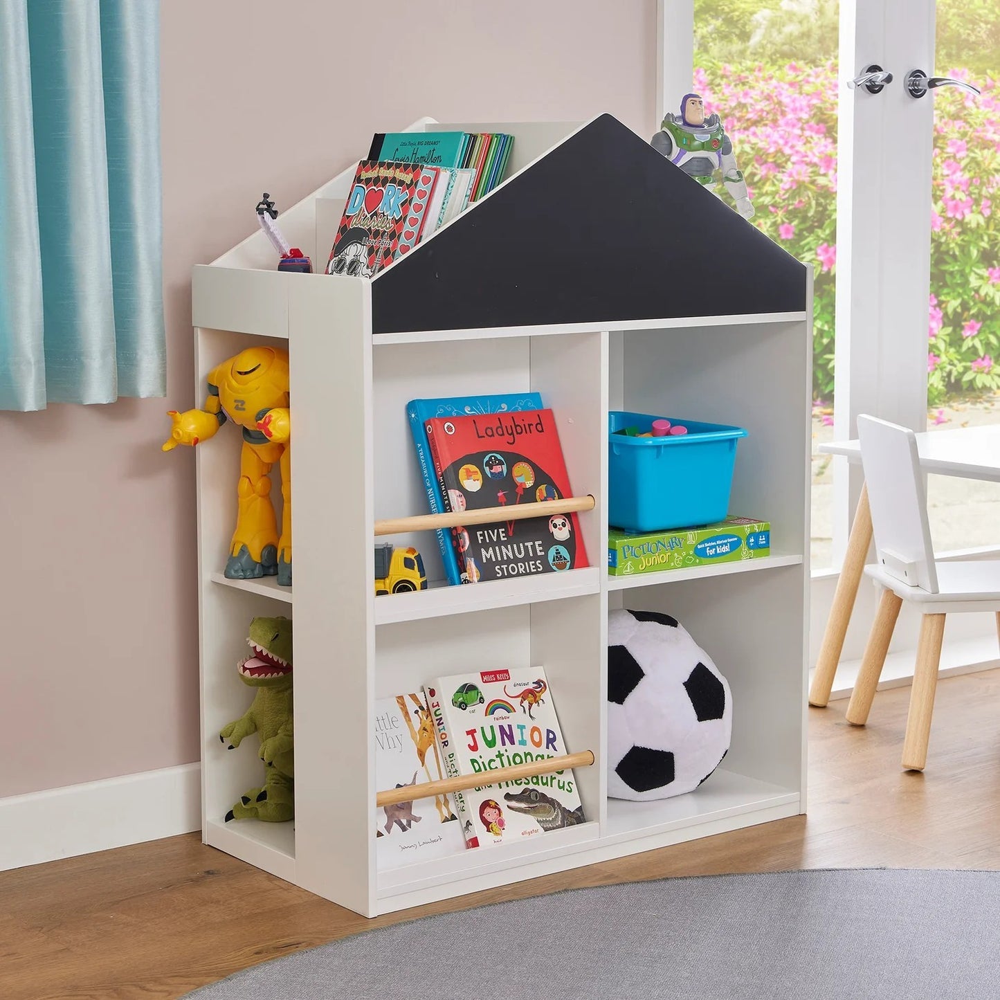 Детска Етажерка за Играчки и Книги GINGER HOME, Къща с Рафтoве и Дъска за Рисуване, Монтесори, Бяла, 72.5x40x95.8 см