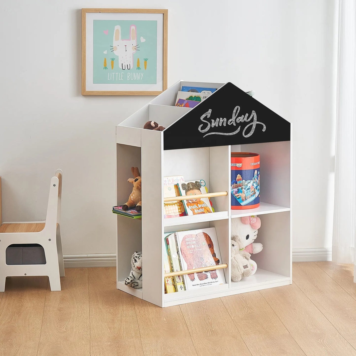 Детска Етажерка за Играчки и Книги GINGER HOME, Къща с Рафтoве и Дъска за Рисуване, Монтесори, Бяла, 72.5x40x95.8 см