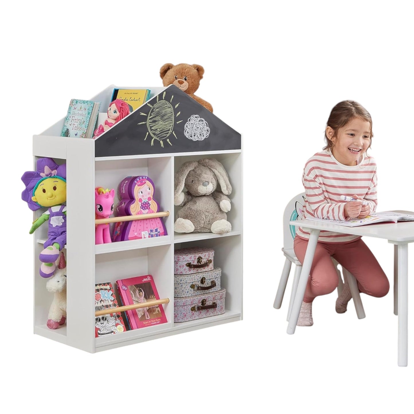 Детска Етажерка за Играчки и Книги GINGER HOME, Къща с Рафтoве и Дъска за Рисуване, Монтесори, Бяла, 72.5x40x95.8 см