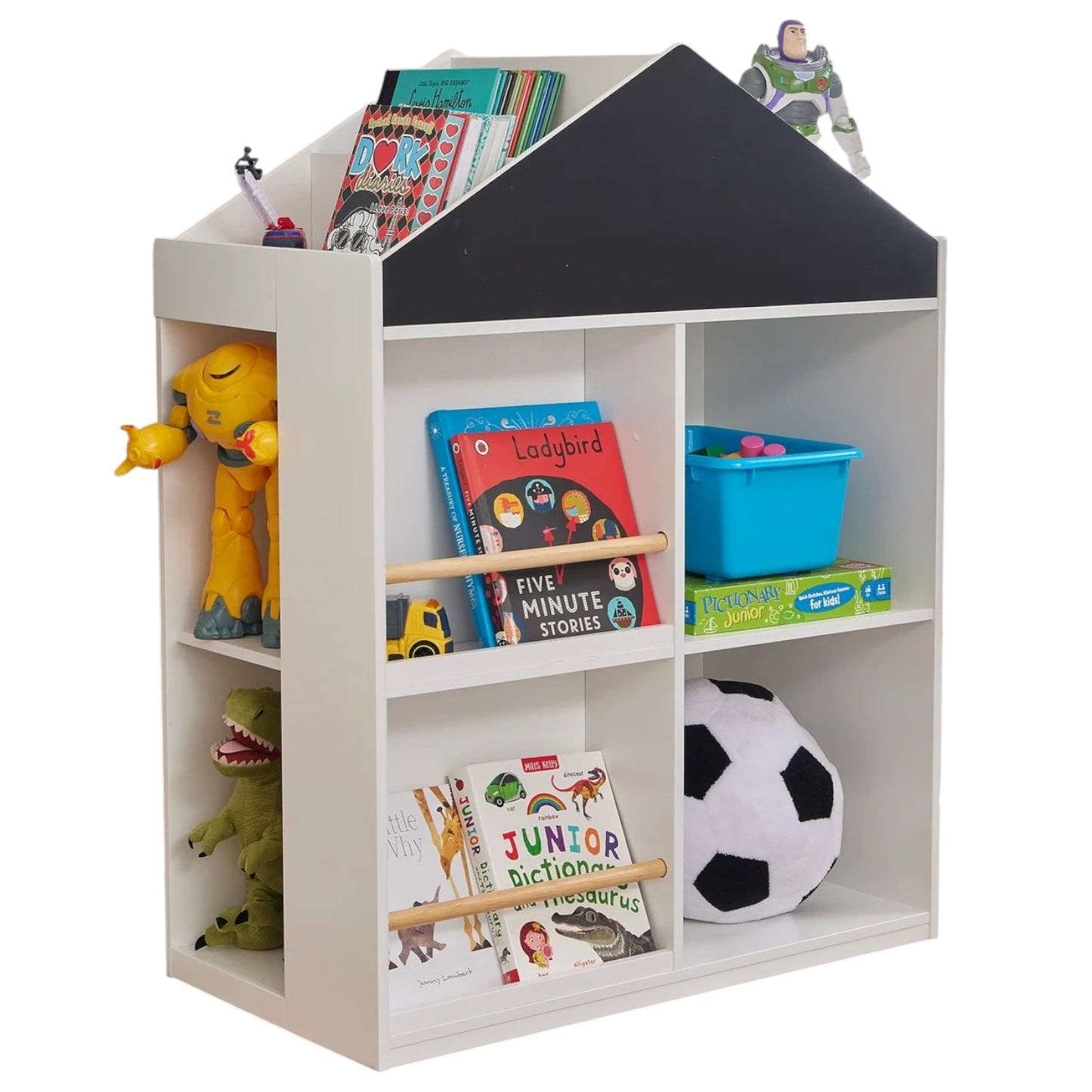 Детска Етажерка за Играчки и Книги GINGER HOME, Къща с Рафтoве и Дъска за Рисуване, Монтесори, Бяла, 72.5x40x95.8 см
