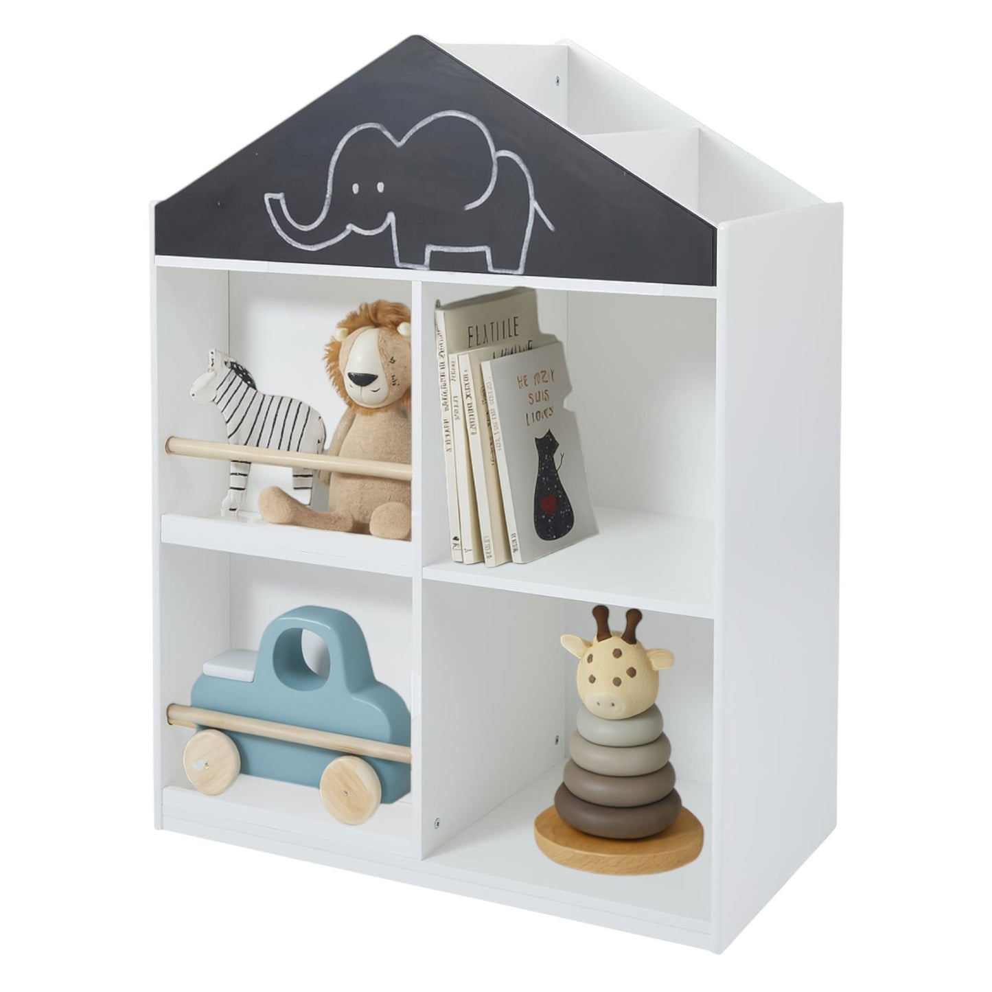 Детска Етажерка за Играчки и Книги GINGER HOME, Къща с Рафтoве и Дъска за Рисуване, Монтесори, Бяла, 72.5x40x95.8 см