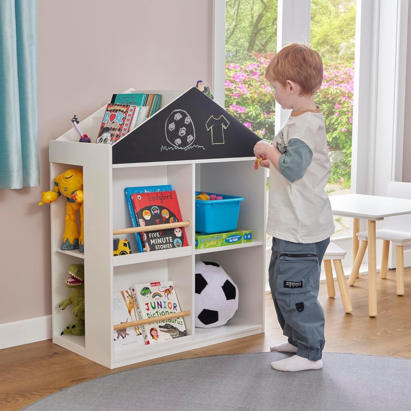 Детска Етажерка за Играчки и Книги GINGER HOME, Къща с Рафтoве и Дъска за Рисуване, Монтесори, Бяла, 72.5x40x95.8 см