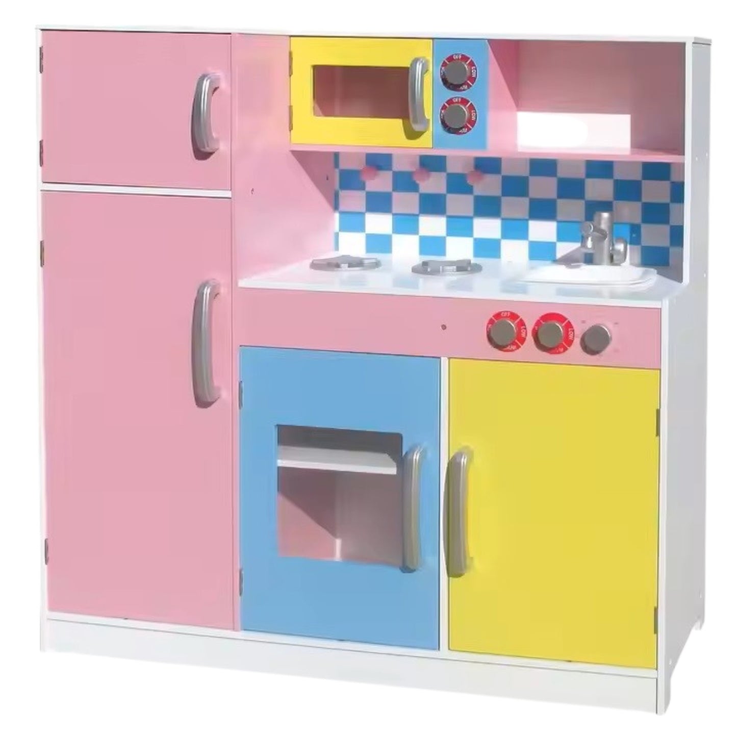Детска Кухня GINGER HOME, Дървена Играчка за Ролеви Игри с Цветен Дизайн, Размери 90x30x90 см