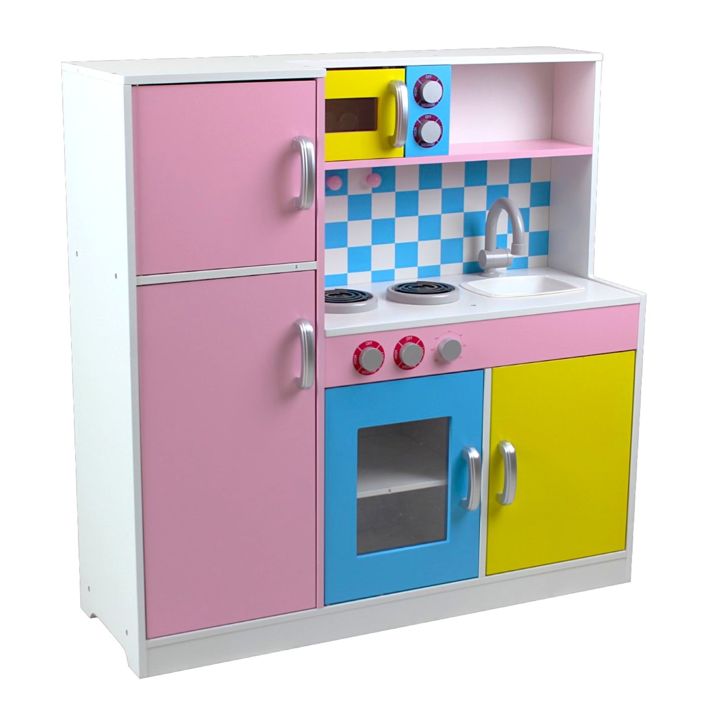 Детска Кухня GINGER HOME, Дървена Играчка за Ролеви Игри с Цветен Дизайн, Размери 90x30x90 см