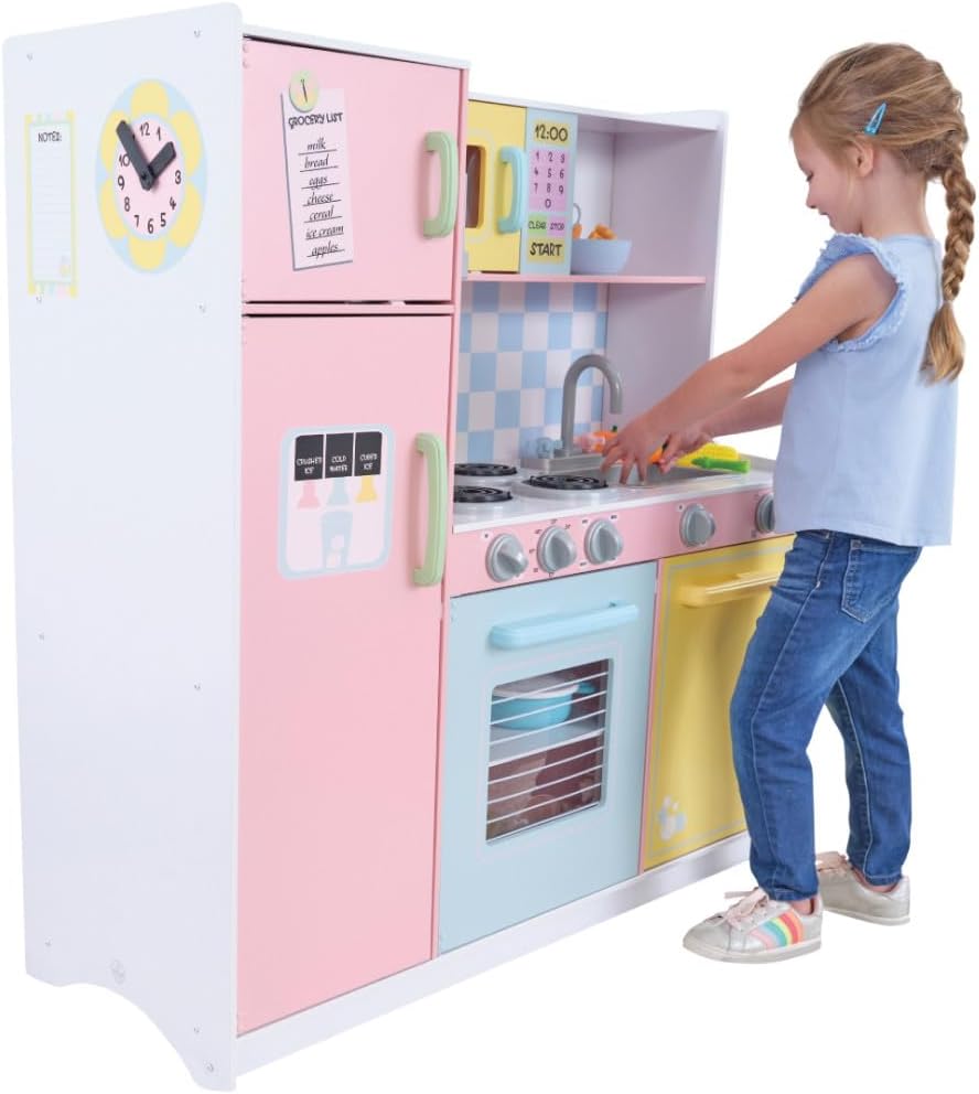 Детска Кухня GINGER HOME, Дървена Играчка за Ролеви Игри с Цветен Дизайн, Размери 90x30x90 см