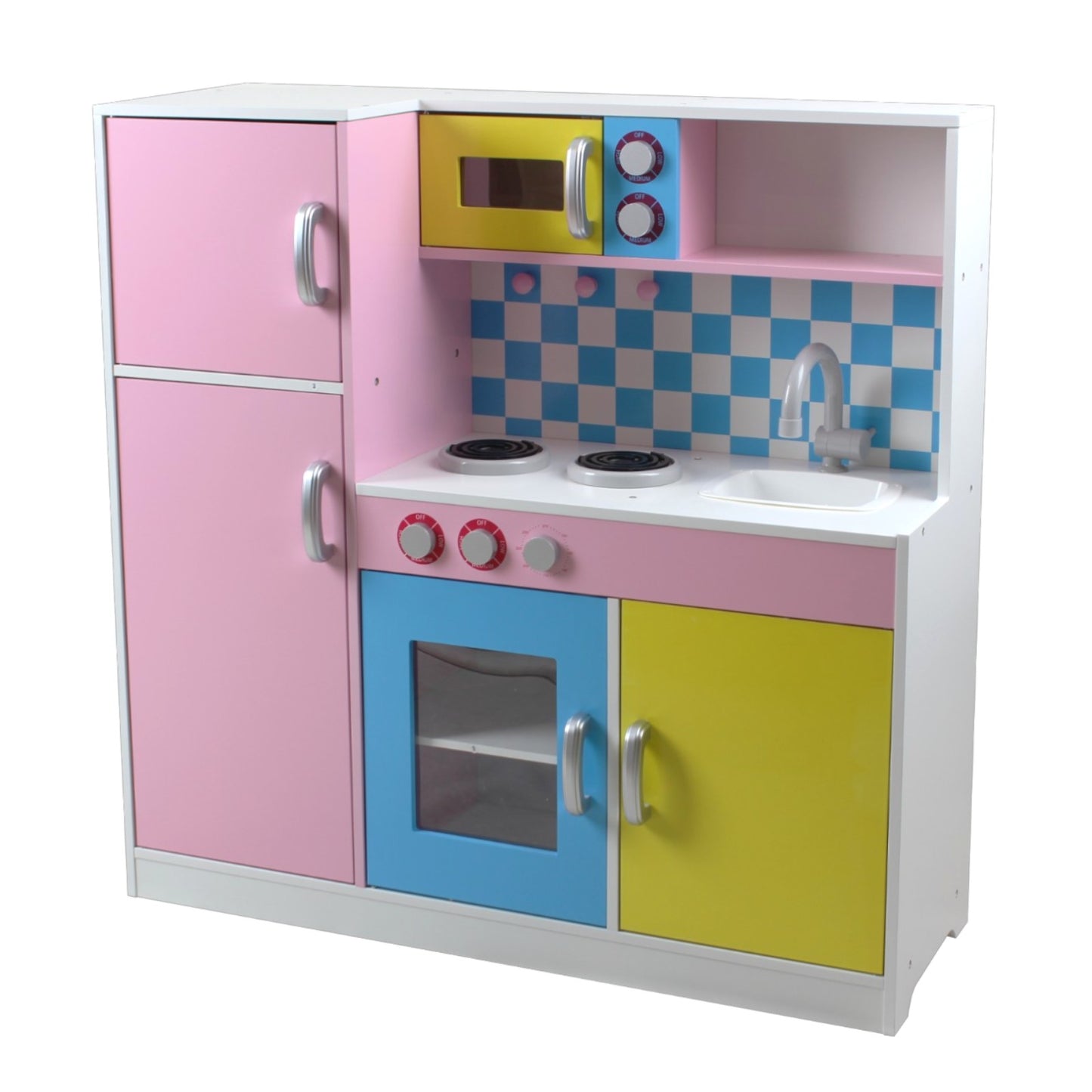 Детска Кухня GINGER HOME, Дървена Играчка за Ролеви Игри с Цветен Дизайн, Размери 90x30x90 см