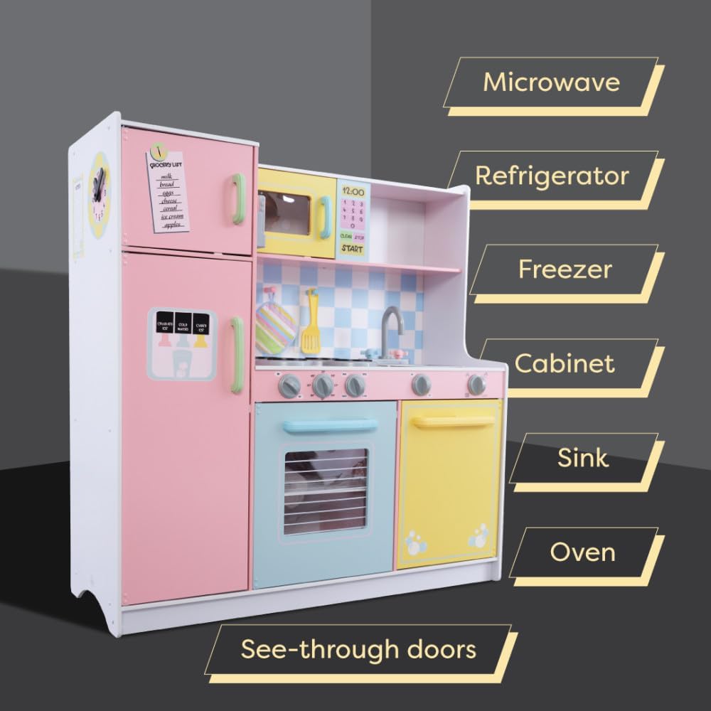 Детска Кухня GINGER HOME, Дървена Играчка за Ролеви Игри с Цветен Дизайн, Размери 90x30x90 см