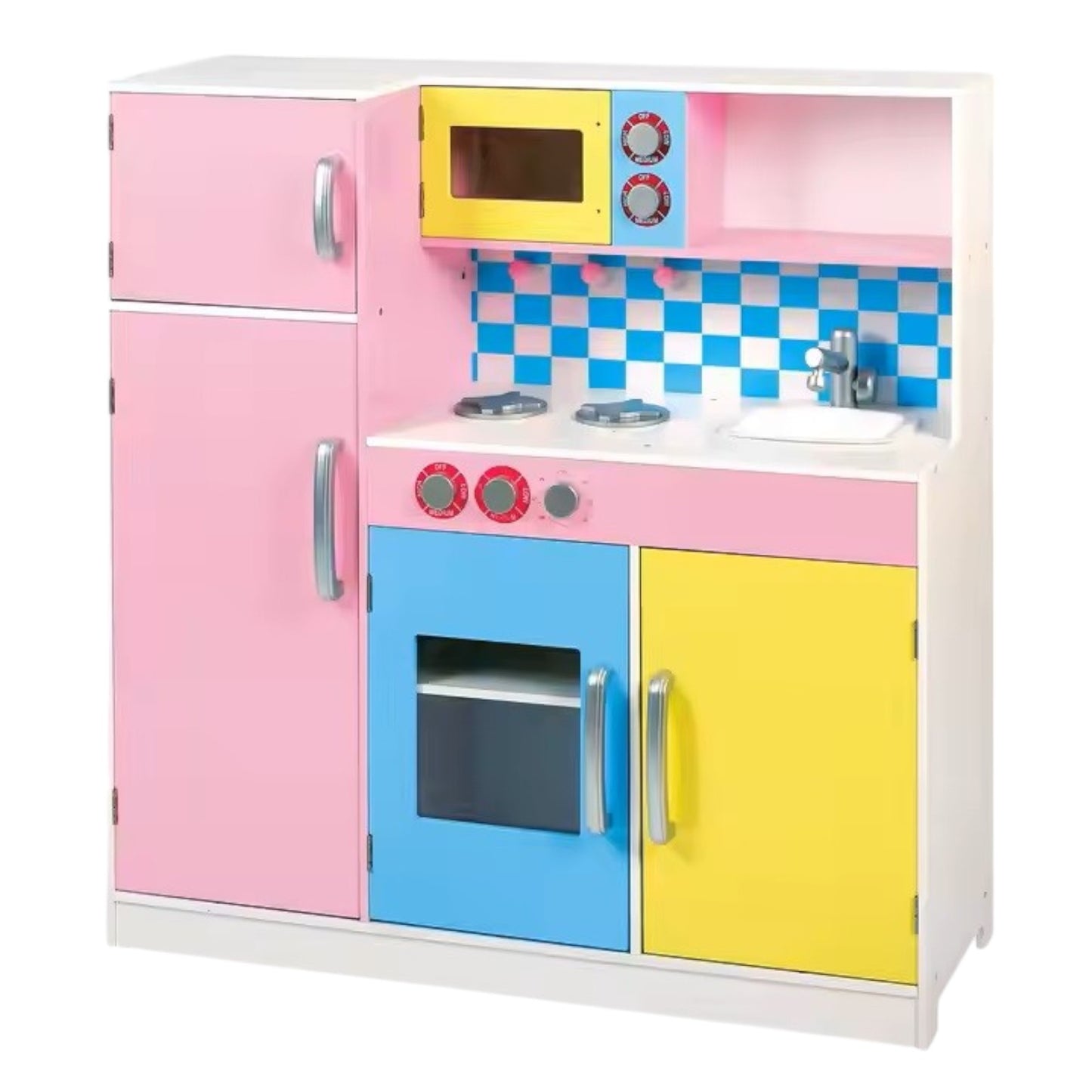Детска Кухня GINGER HOME, Дървена Играчка за Ролеви Игри с Цветен Дизайн, Размери 90x30x90 см