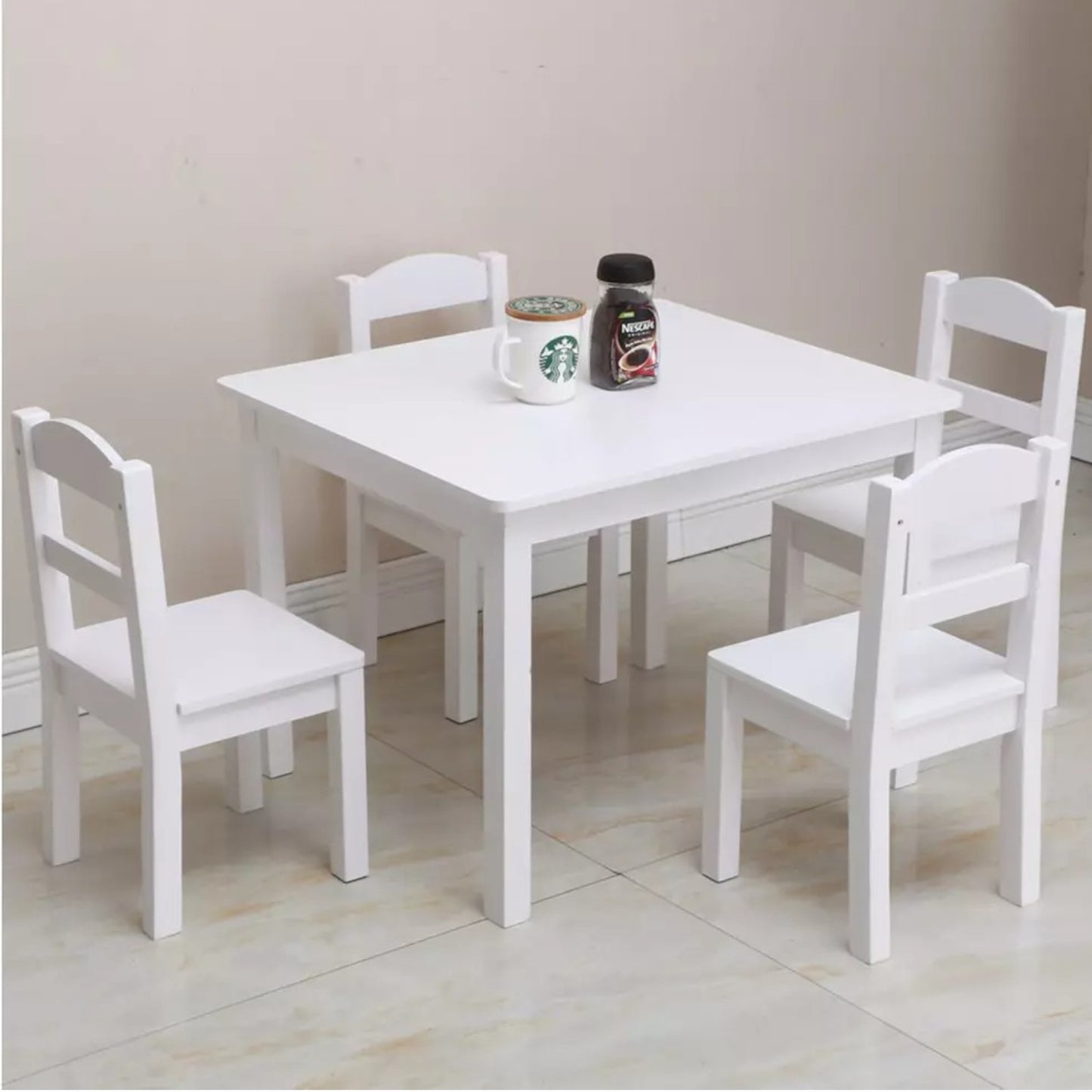 Детска Маса с 4 Столчета GINGER HOME, Дървен Комплект за Игра и Учение, Бял, 66x56x48 см