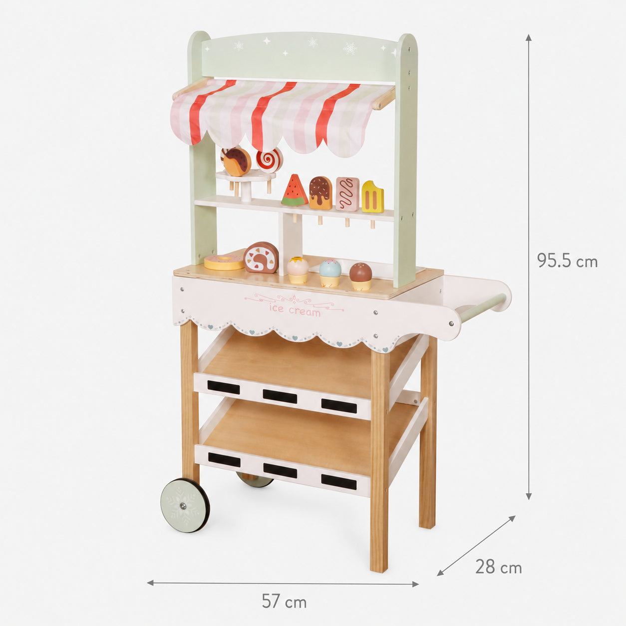 Детски Дървен Щанд за Сладолед GINGER HOME, Магазинче на Колела, MDF, 44/57x28x95.5 см, Монтесори Игра