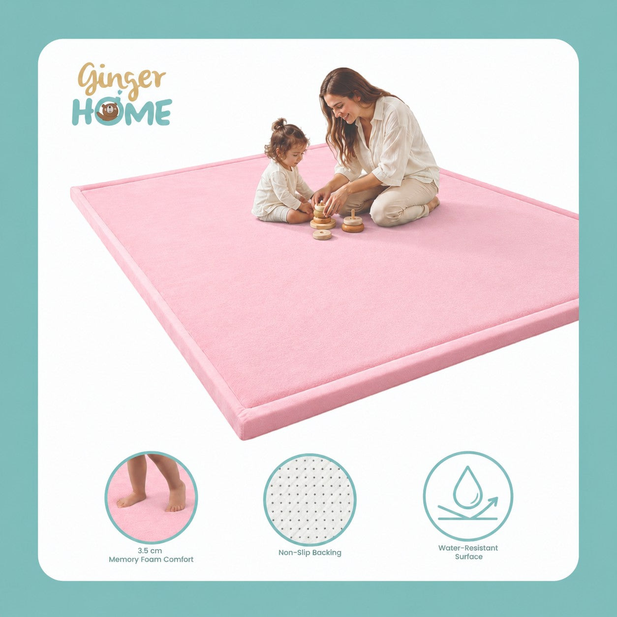 Продуктова инфографика на розов детски мемори килим GINGER HOME LOLLA с мемори пяна, противохлъзгаща основа и водоустойчива повърхност.