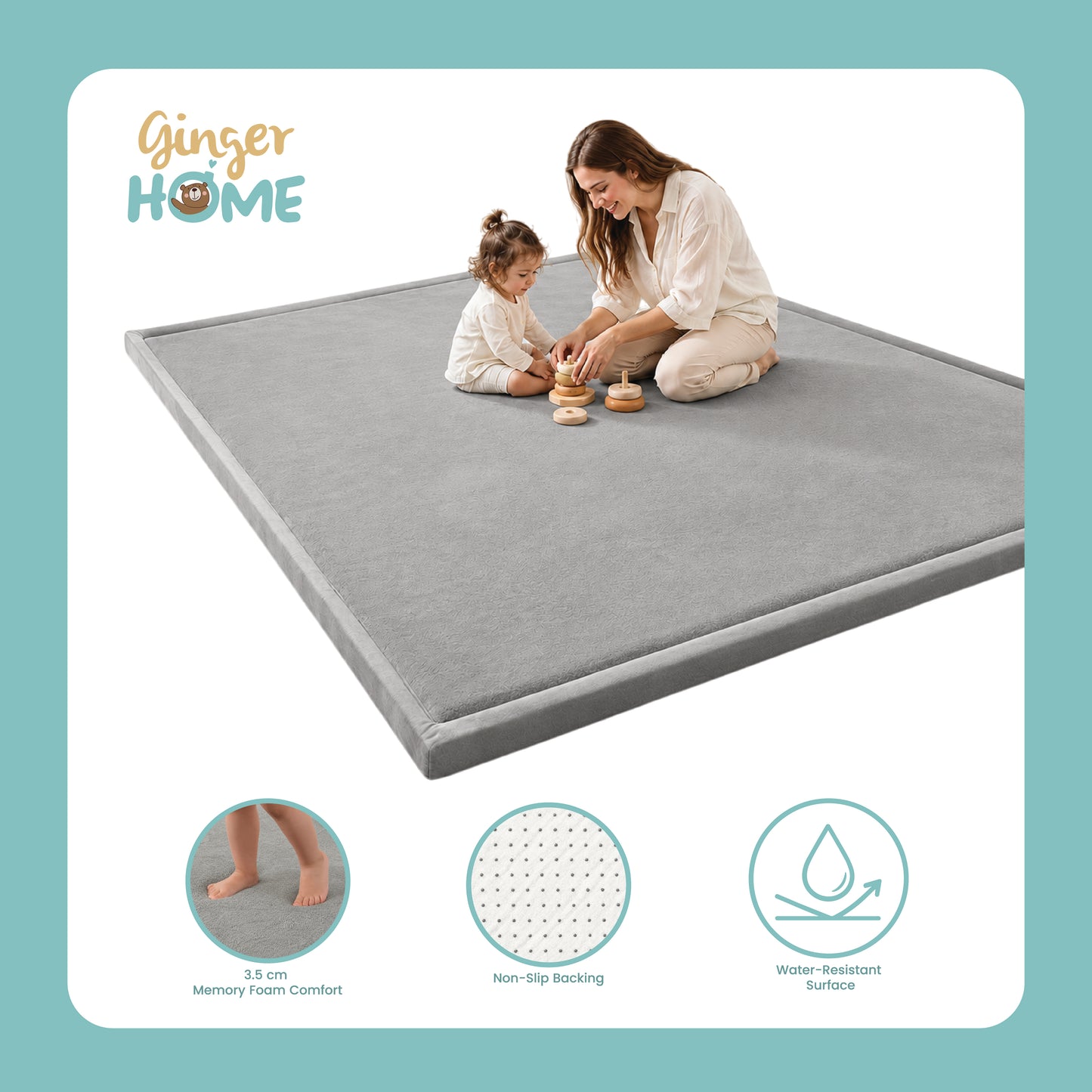 Детски Мемори Килим GINGER HOME LOLLA, 150x200 см, 3,5 см Дебелина, Кадифено Мек Водоустойчив Горен Слой, Мемори Пяна, Противохлъзгаща Основа, Сив