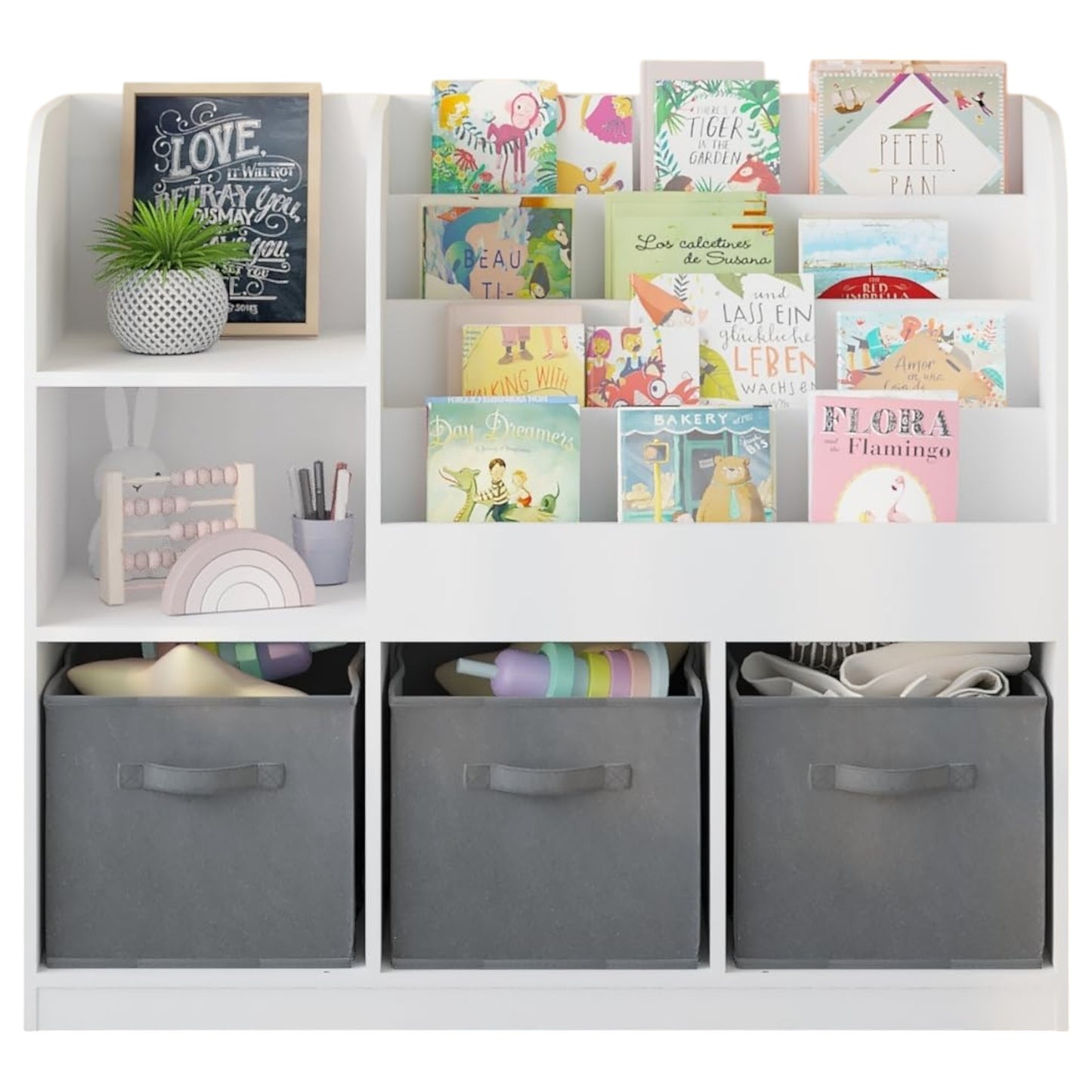 Детски Органайзер GINGER HOME, Етажерка с Рафтове за Играчки и Книги, 3 Текстилни Кутии, Дървен, Бял, 92x30x80 см, Монтесори