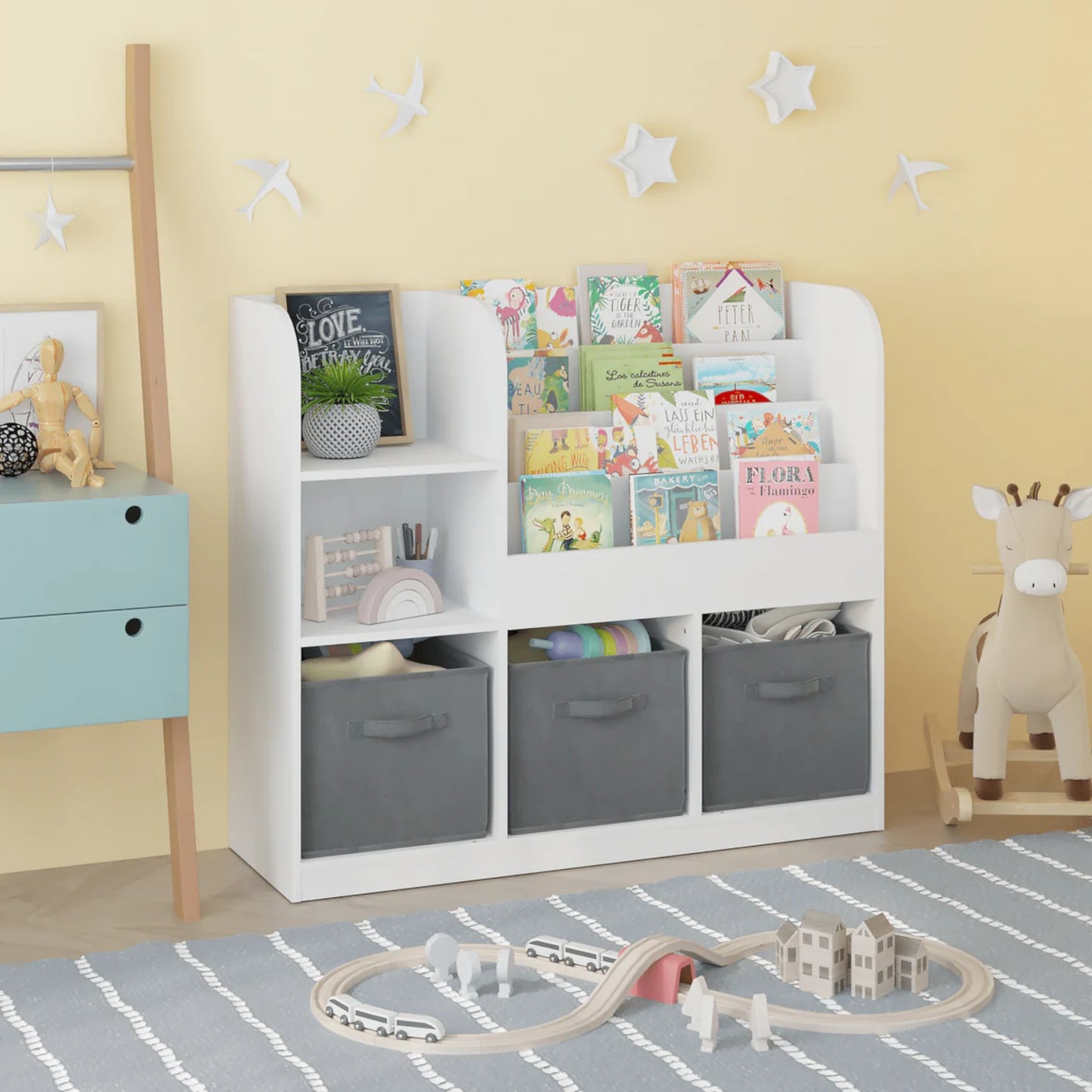 Детски Органайзер GINGER HOME, Етажерка с Рафтове за Играчки и Книги, 3 Текстилни Кутии, Дървен, Бял, 92x30x80 см, Монтесори