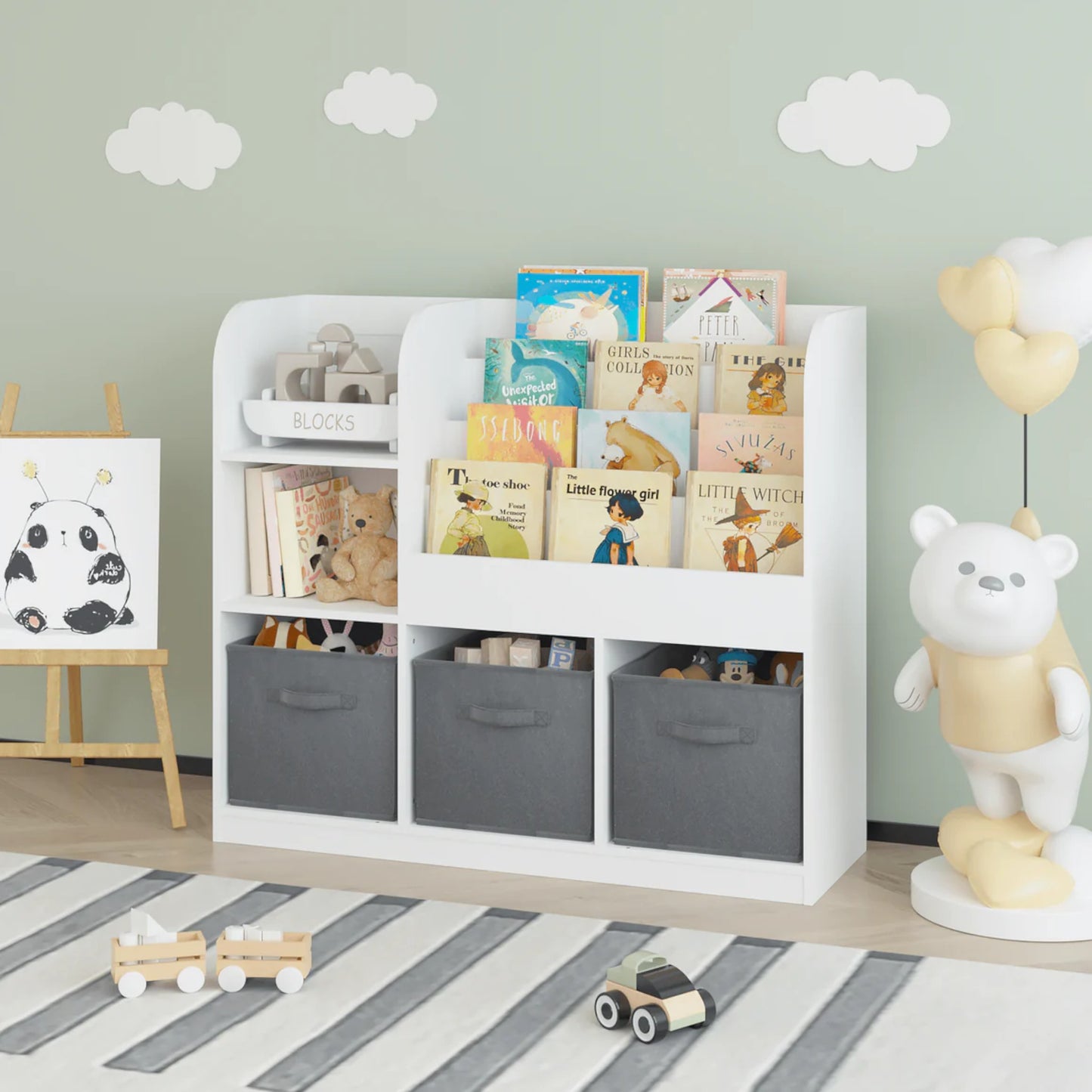 Детски Органайзер GINGER HOME, Етажерка с Рафтове за Играчки и Книги, 3 Текстилни Кутии, Дървен, Бял, 92x30x80 см, Монтесори