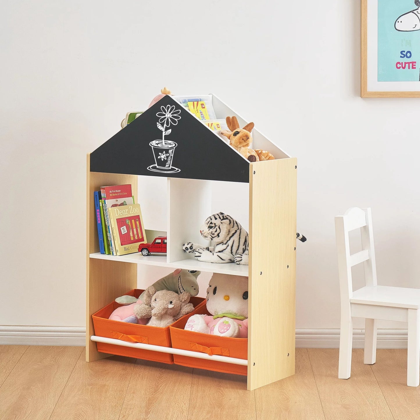 Етажерка за Играчки и Книжки GINGER HOME, Черна Дъска за Писане, Къщичка, Дърво